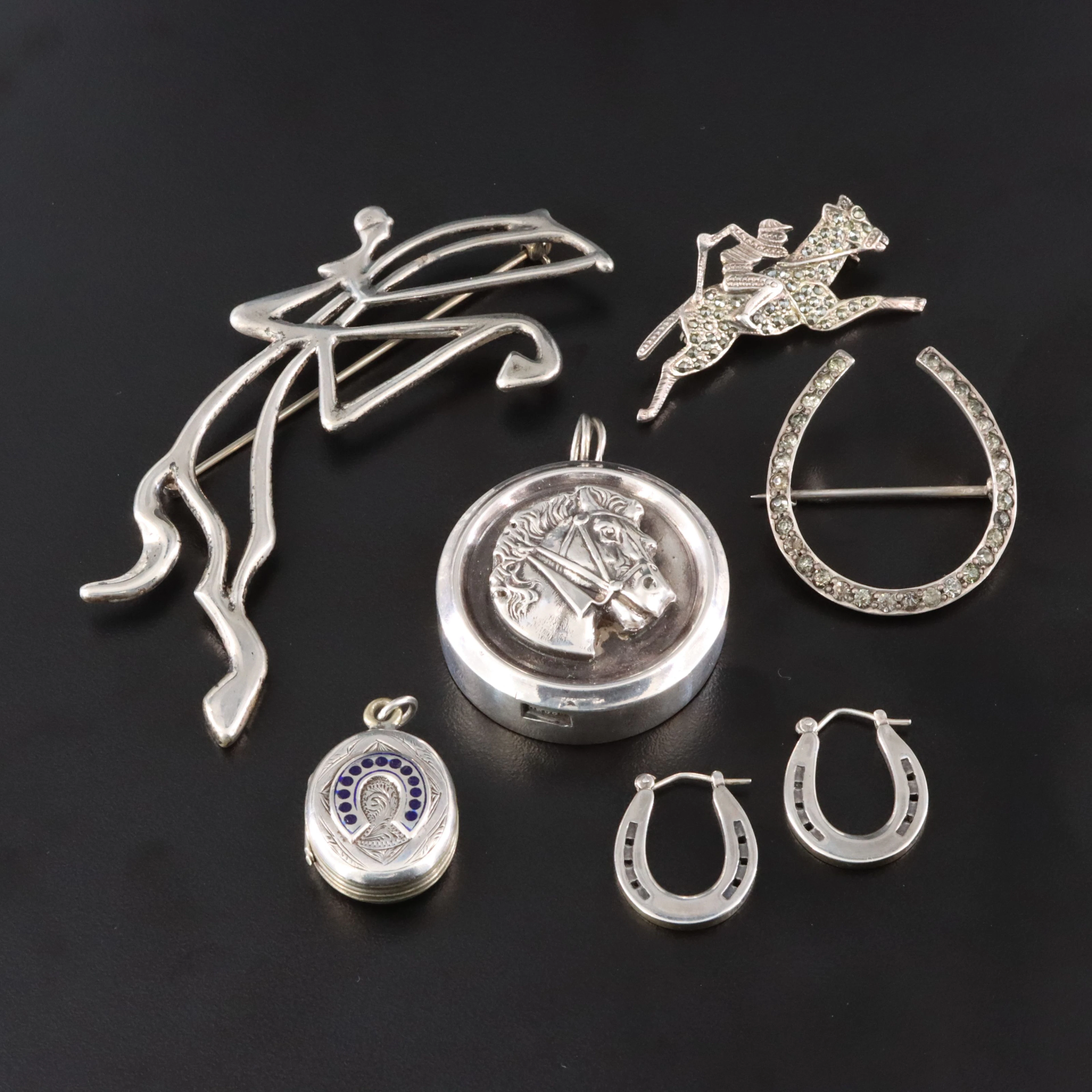 Sterling Equestrian Jewelry Including Antique, Kabana & Horseshoe Locket