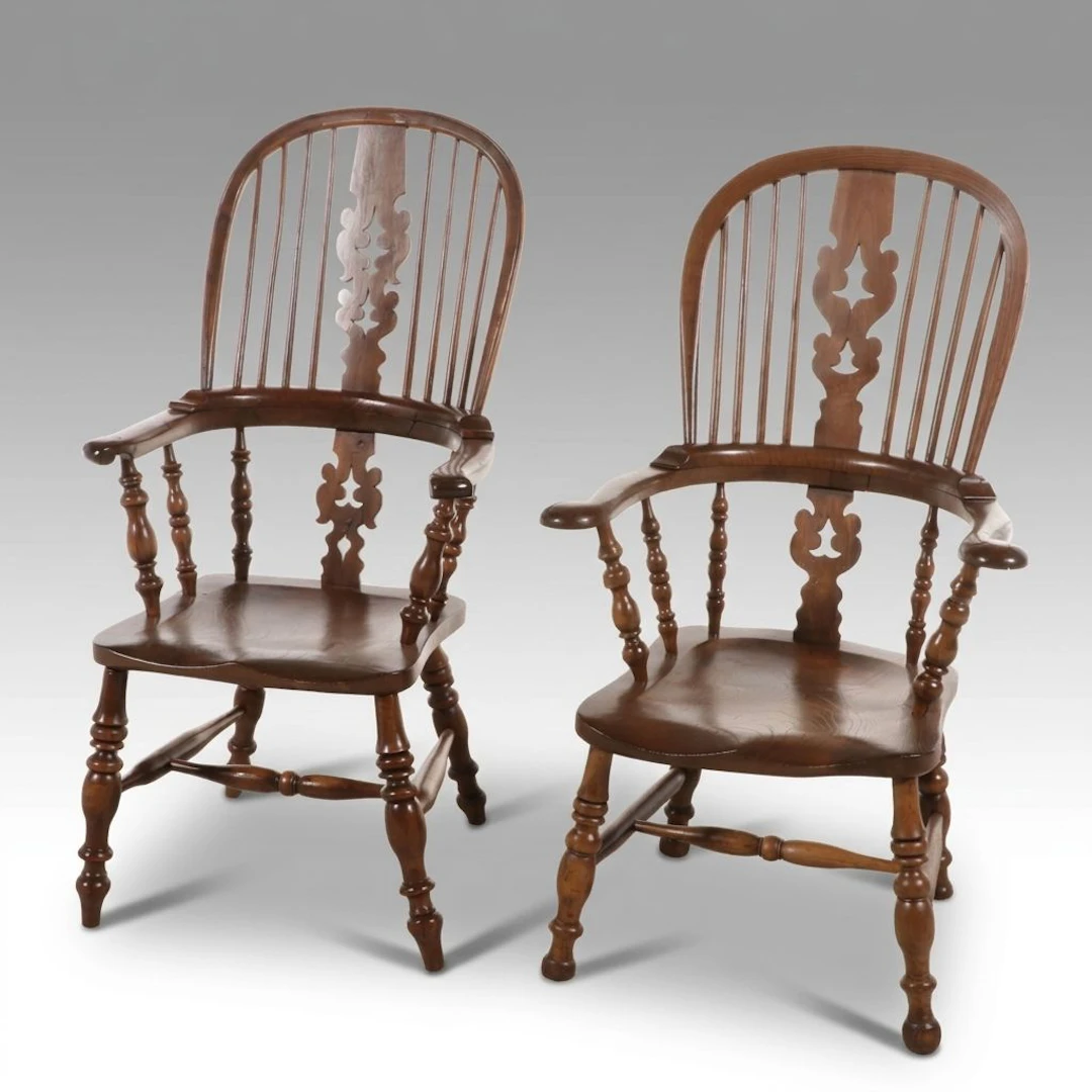 Antique English Pierced-Splat Elm Windsor Armchairs