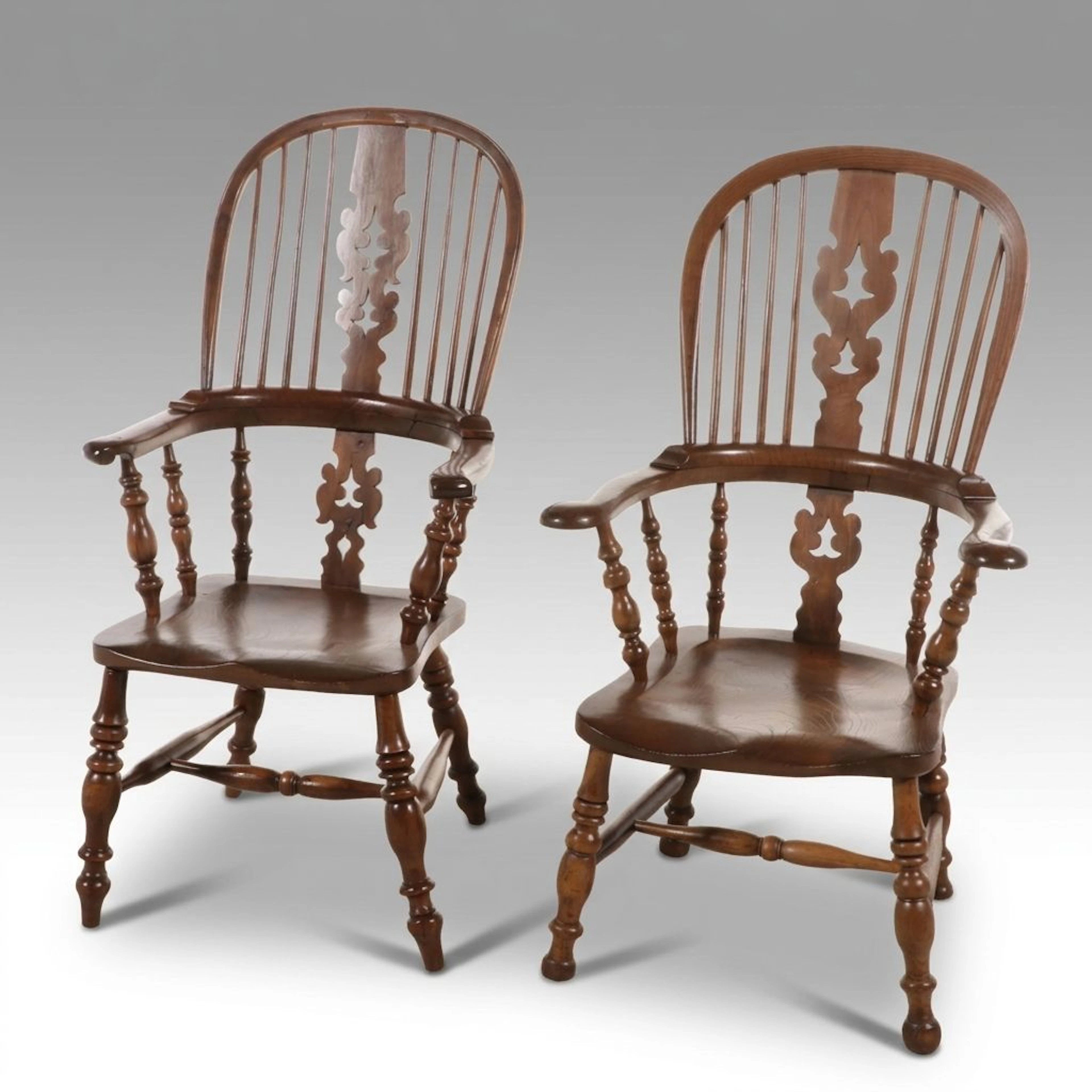 Antique English Pierced-Splat Elm Windsor Armchairs