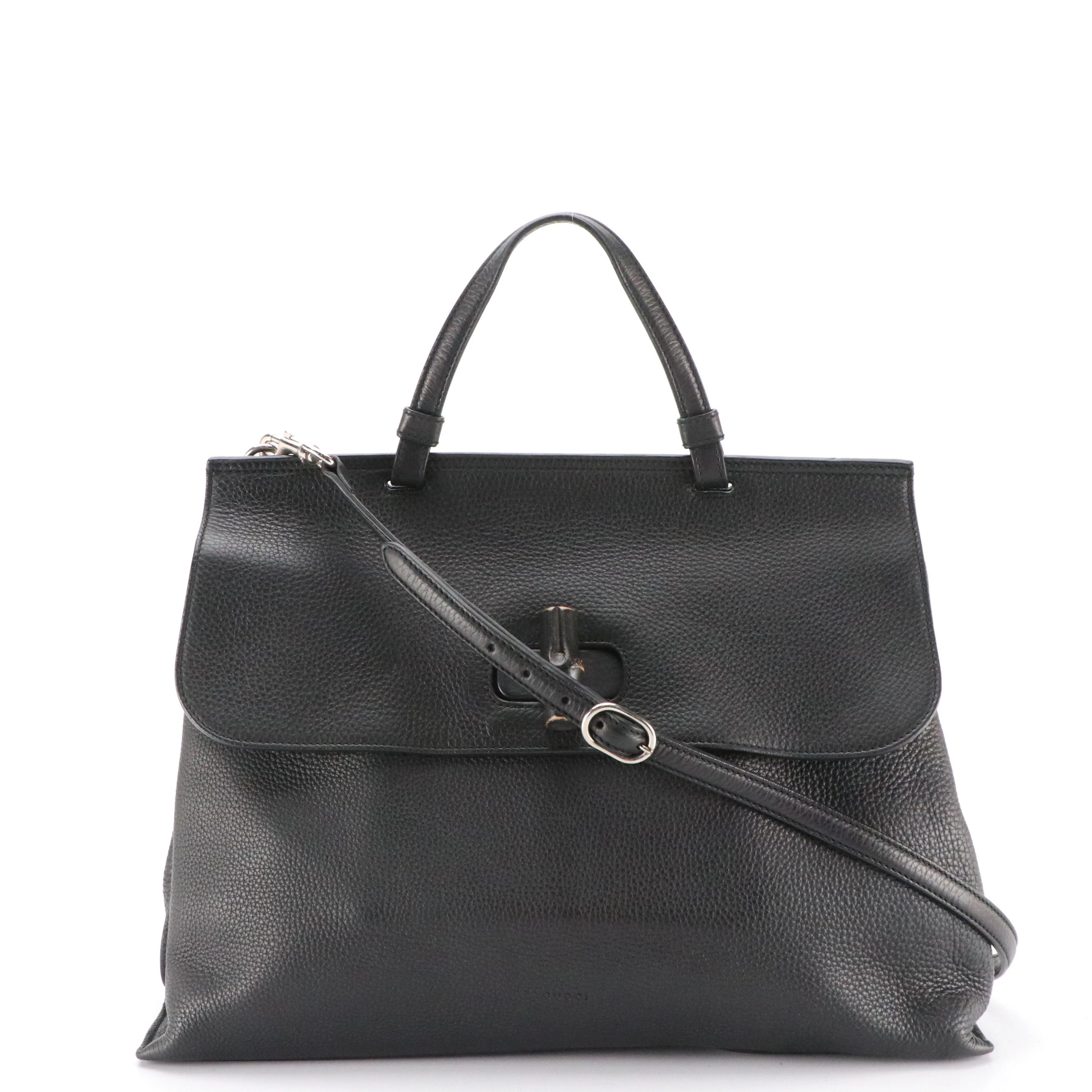 Gucci Bamboo Turn Lock Large Daily Two-Way Satchel in Black Grained Calfskin