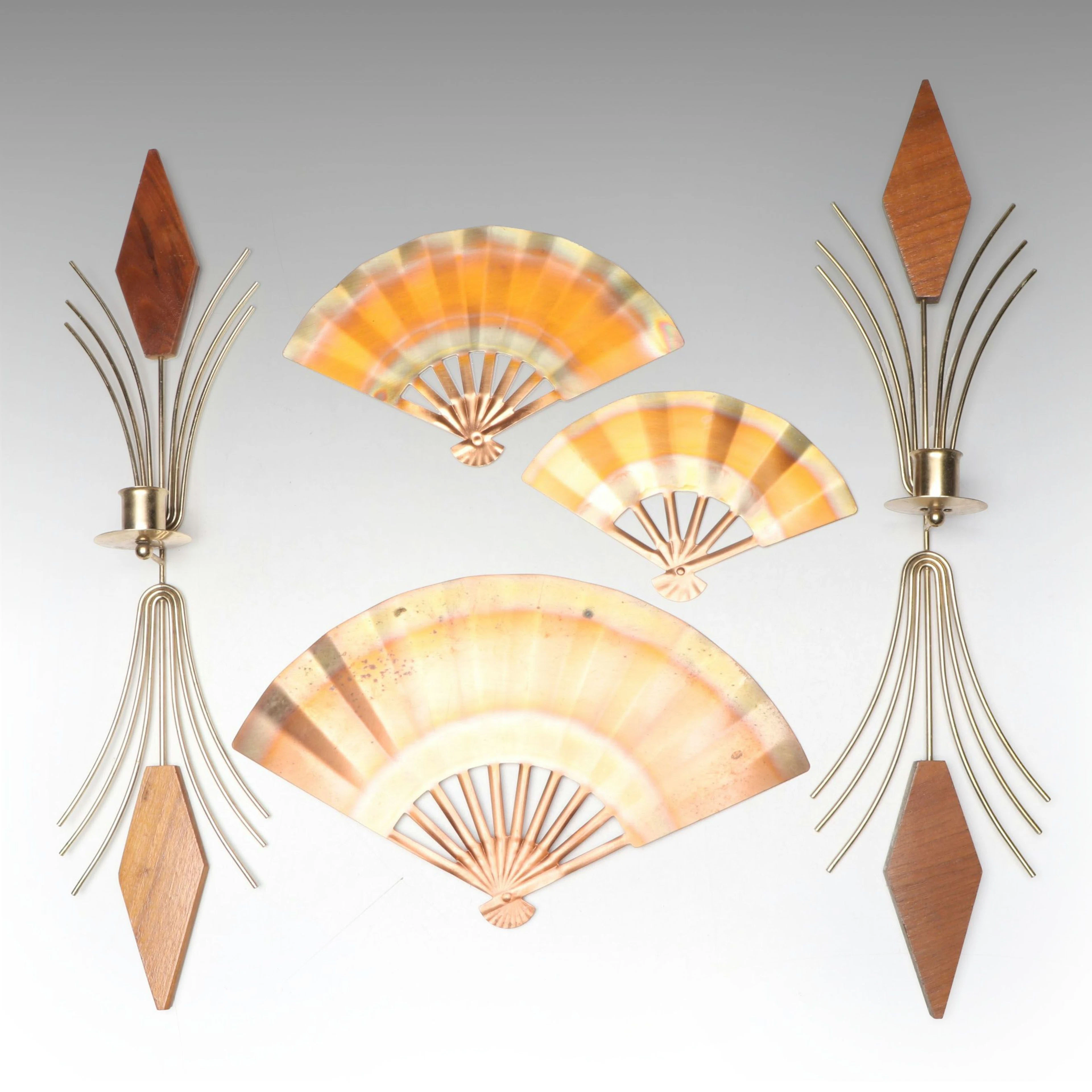 Mid Century Modern Wood and Metal Candle Sconces with Copper Hand