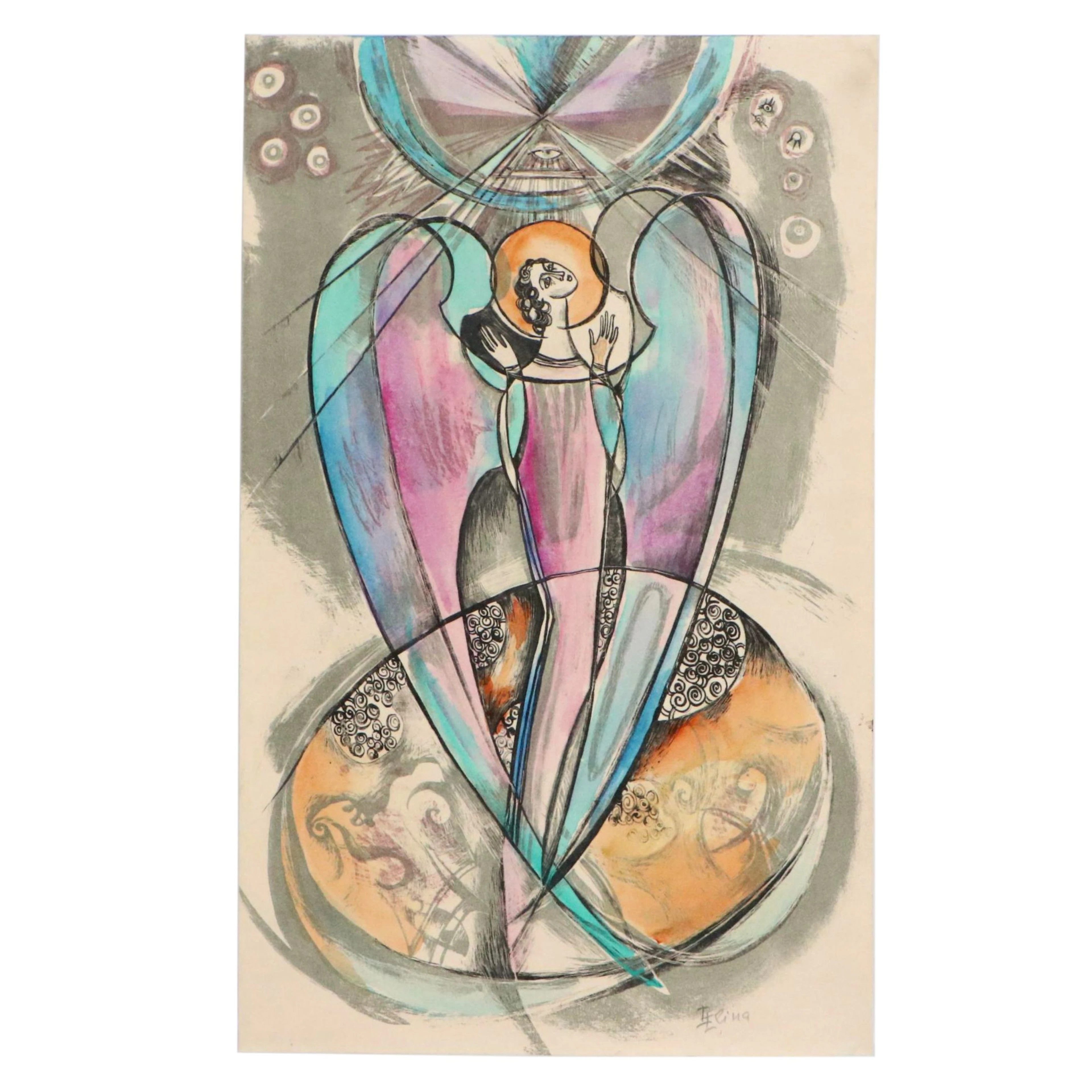 Mixed Media Drawing of Angel, Late 20th Century