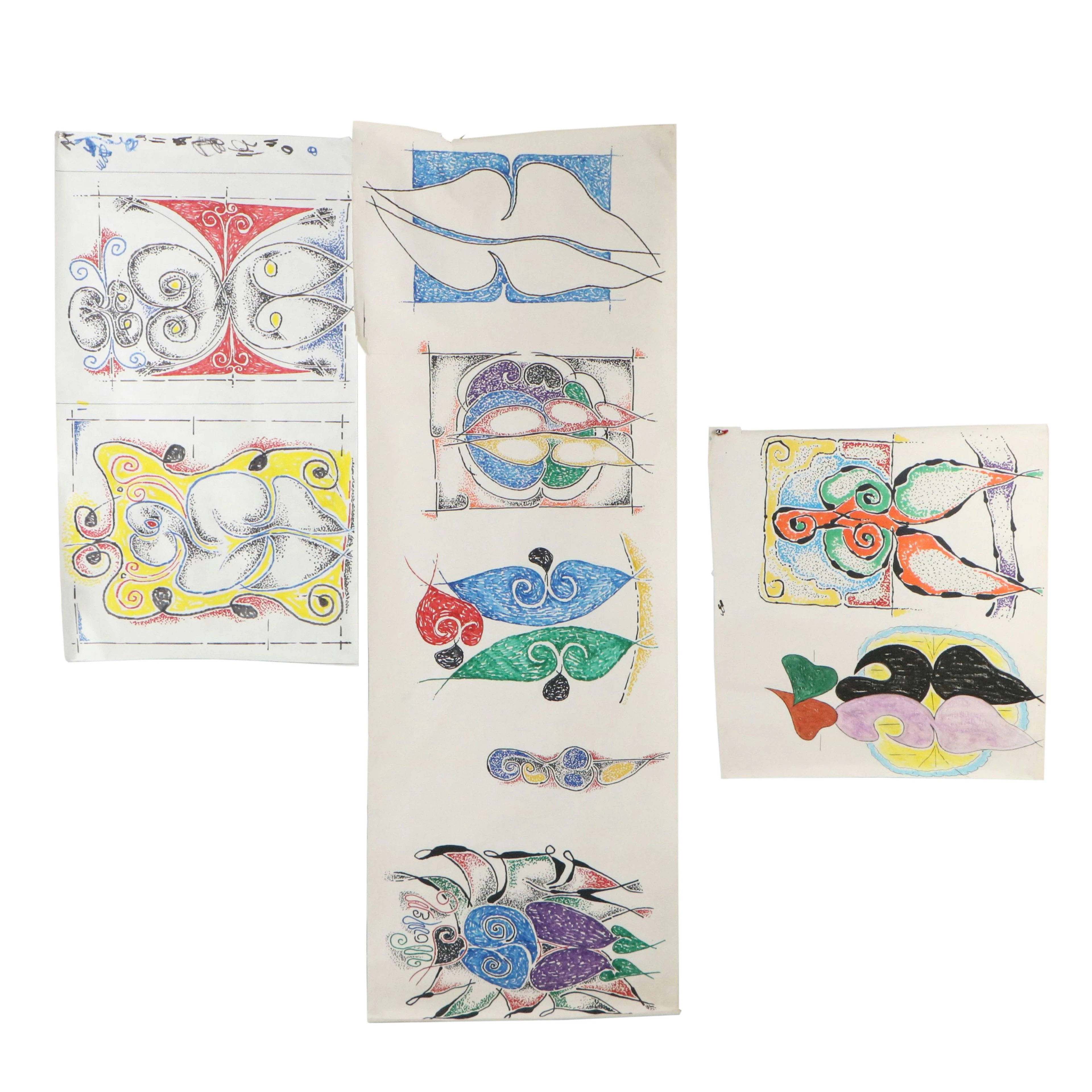Achillo “Achi” Sullo Abstract Color Ink Drawings, Mid to Late 20th Century