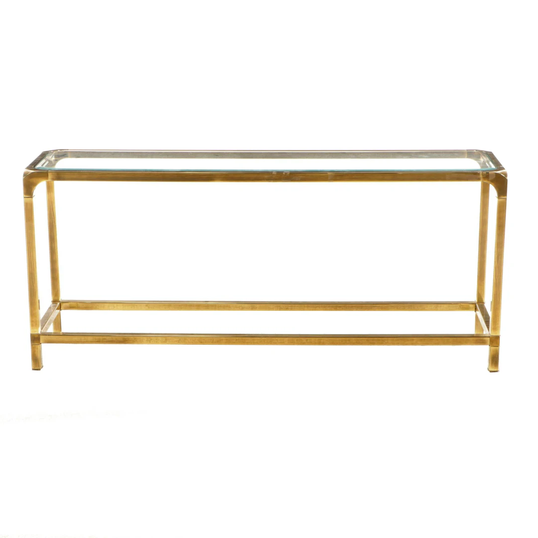 Mid Century Modern Style Rounded Edge Brass Glass Top Console Table
