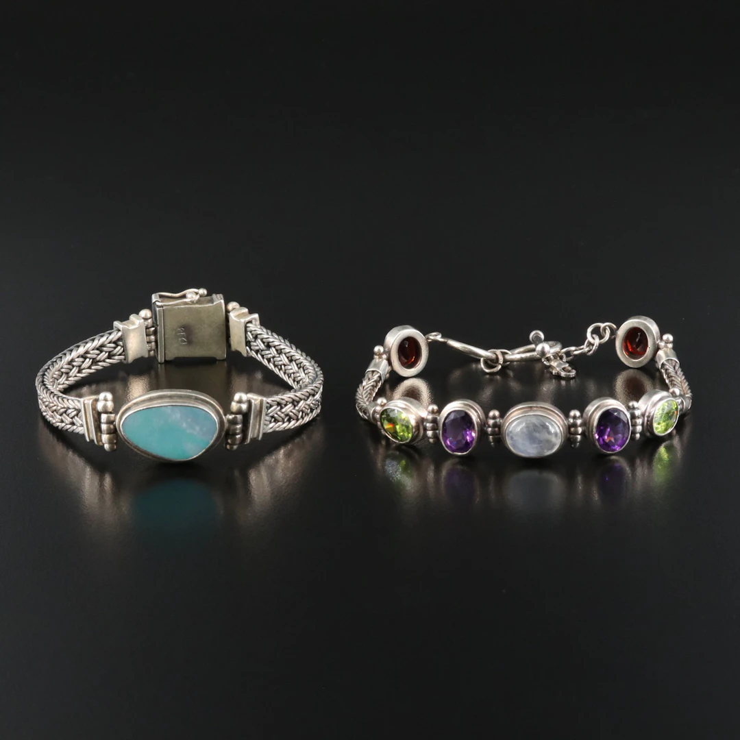 Sterling Bracelets with Boulder Opal, Rainbow Moonstone, and Amethyst