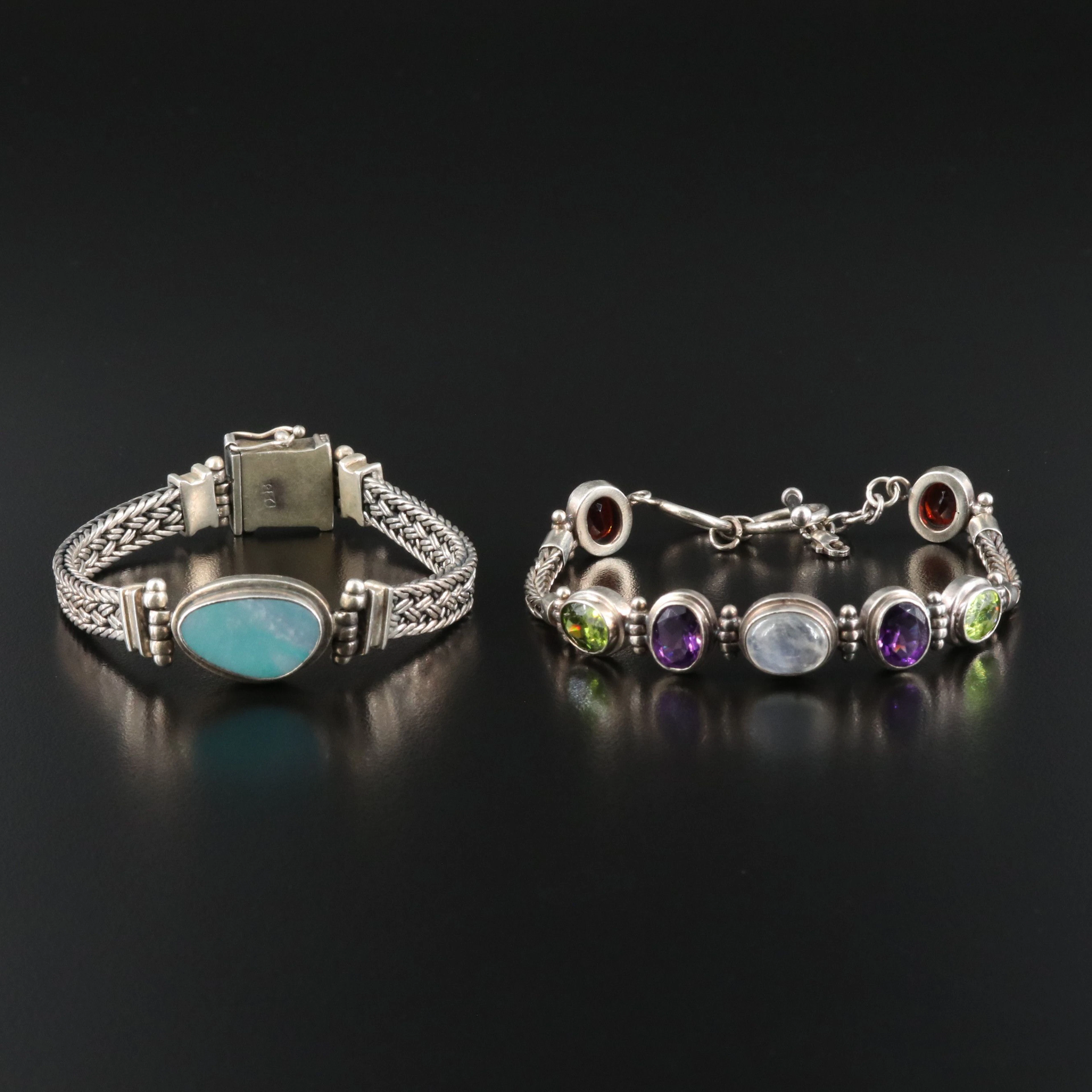 Sterling Bracelets with Boulder Opal, Rainbow Moonstone, and Amethyst