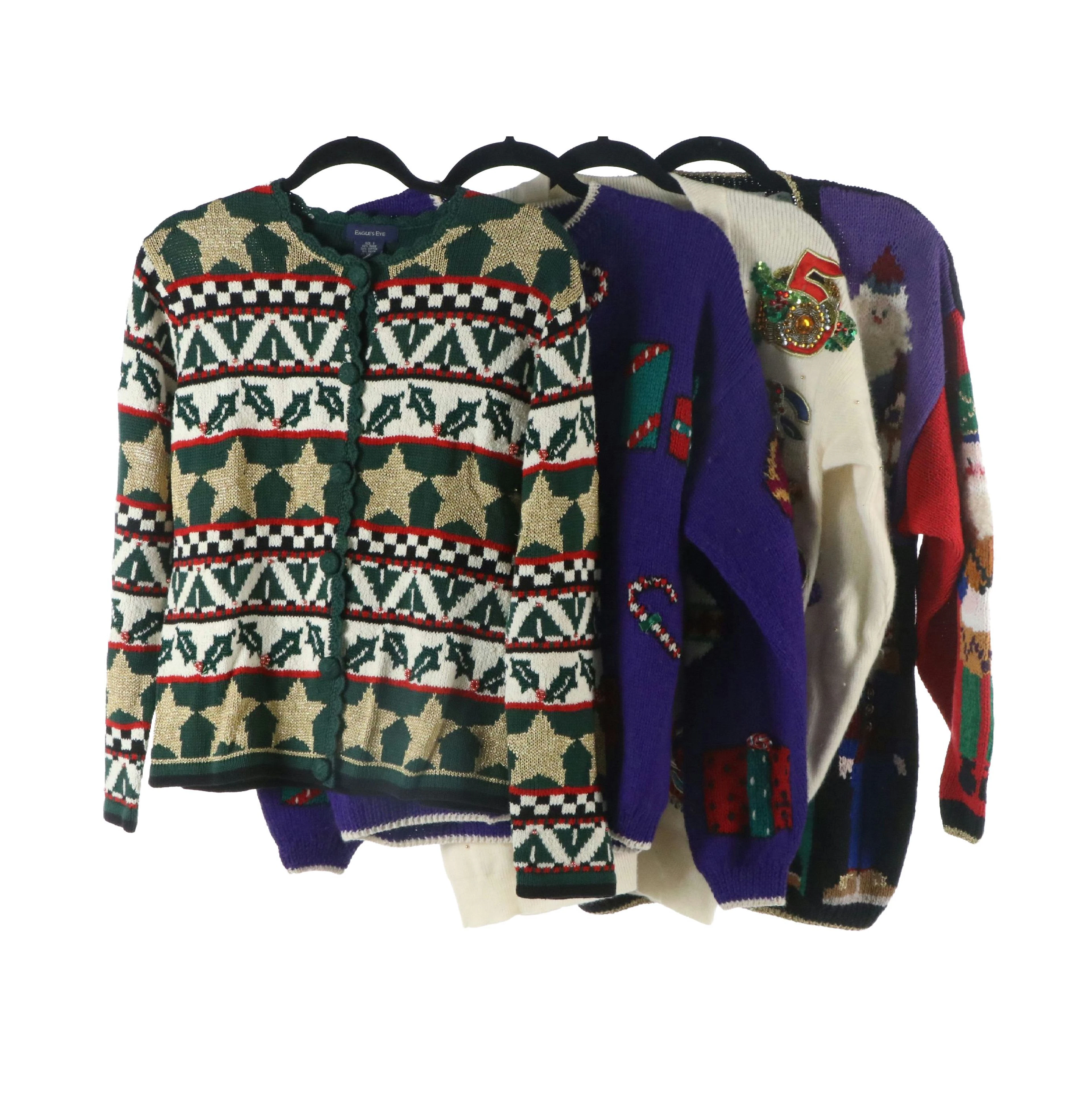 Holiday Themed Embellished Knit Cardigan Sweaters, Vintage