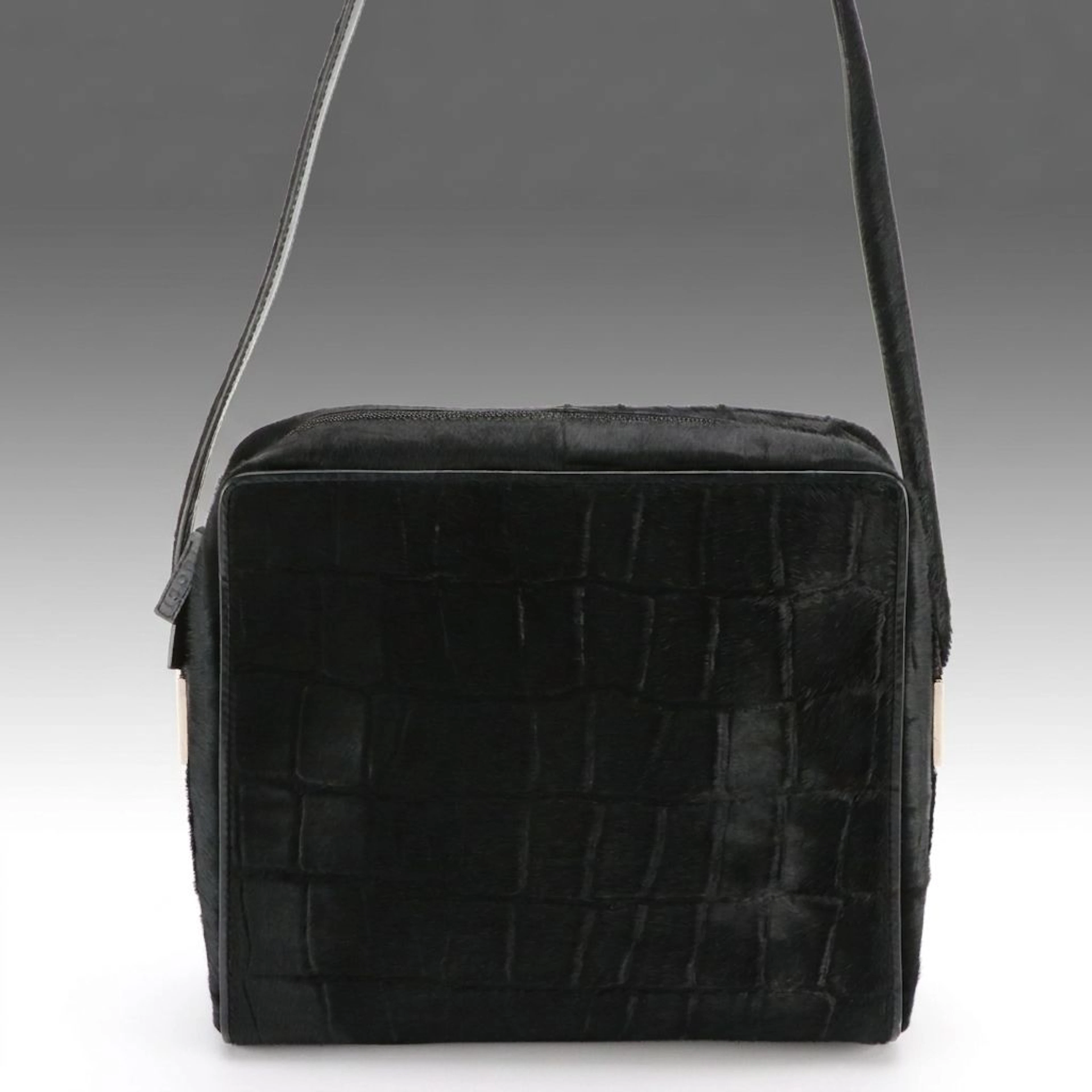 Gucci Black Calf Hair and Leather Shoulder Bag in Croc-Embossed Pattern