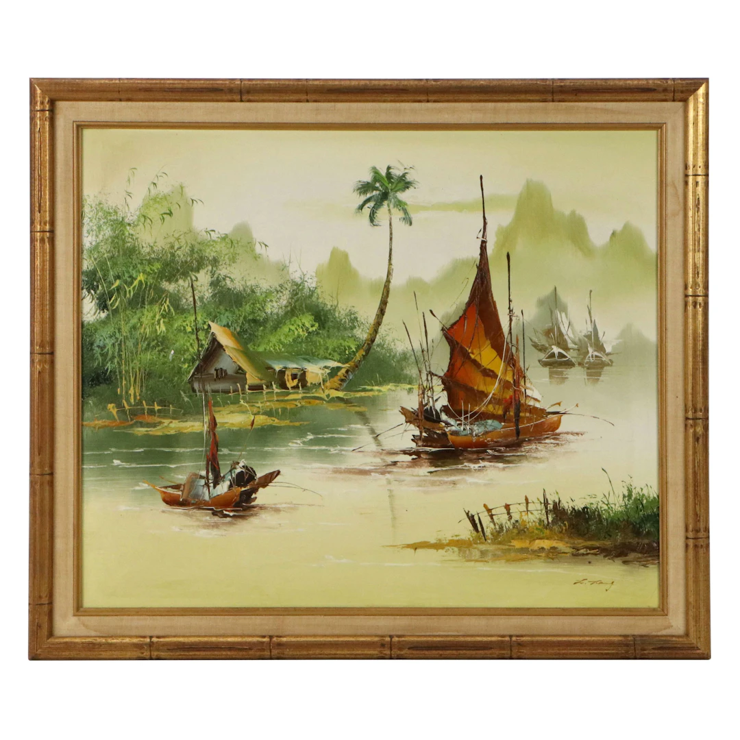 Southeast Asian Coastal River Landscape Oil Painting, Circa 1970