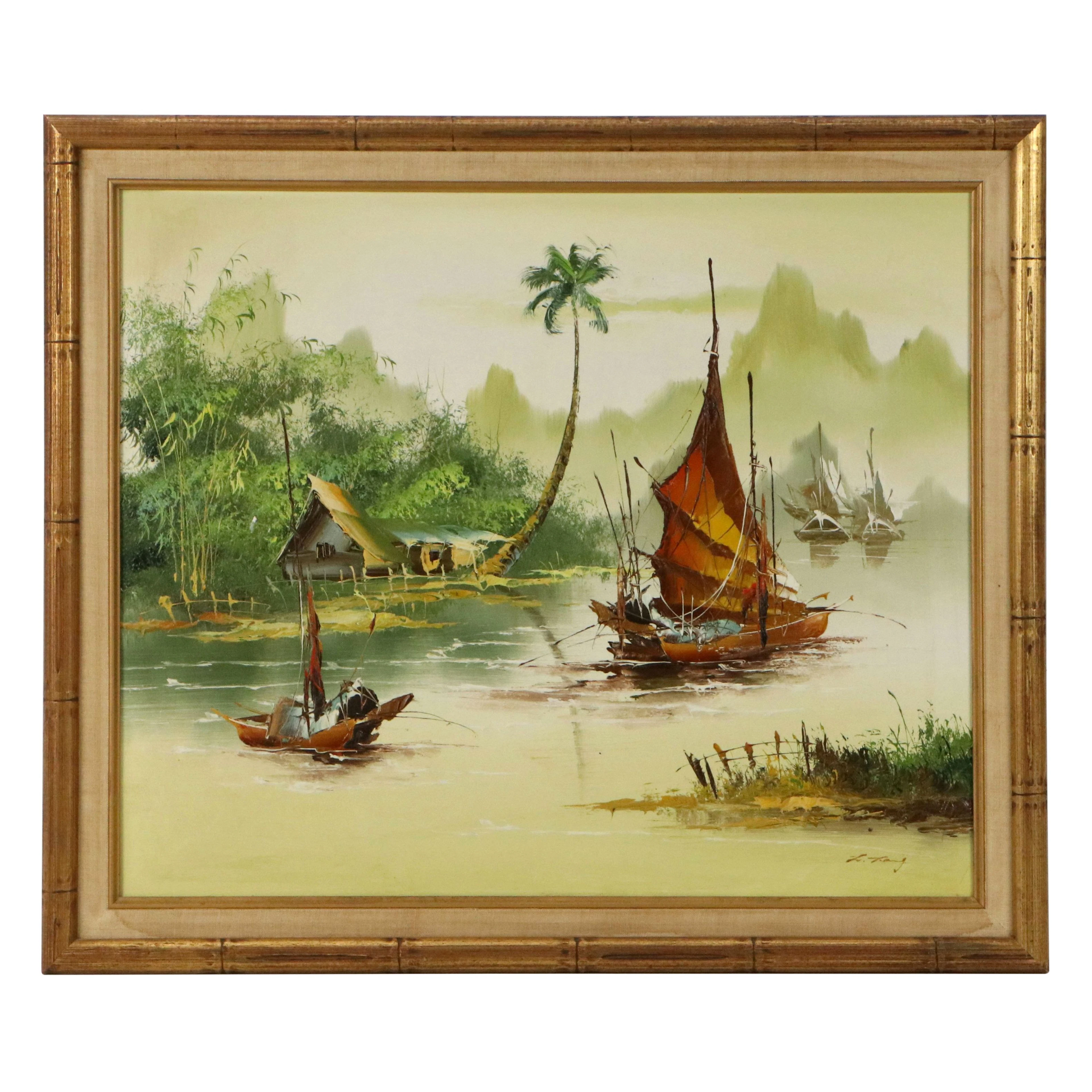 Southeast Asian Coastal River Landscape Oil Painting, Circa 1970