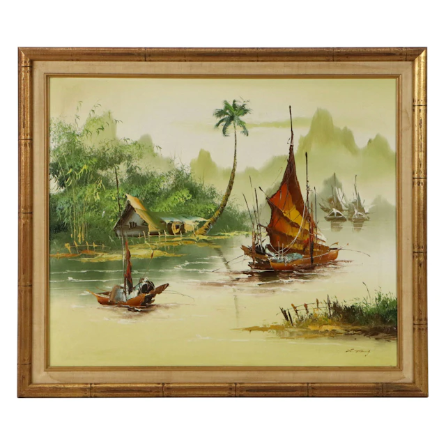 Southeast Asian Coastal River Landscape Oil Painting, Circa 1970