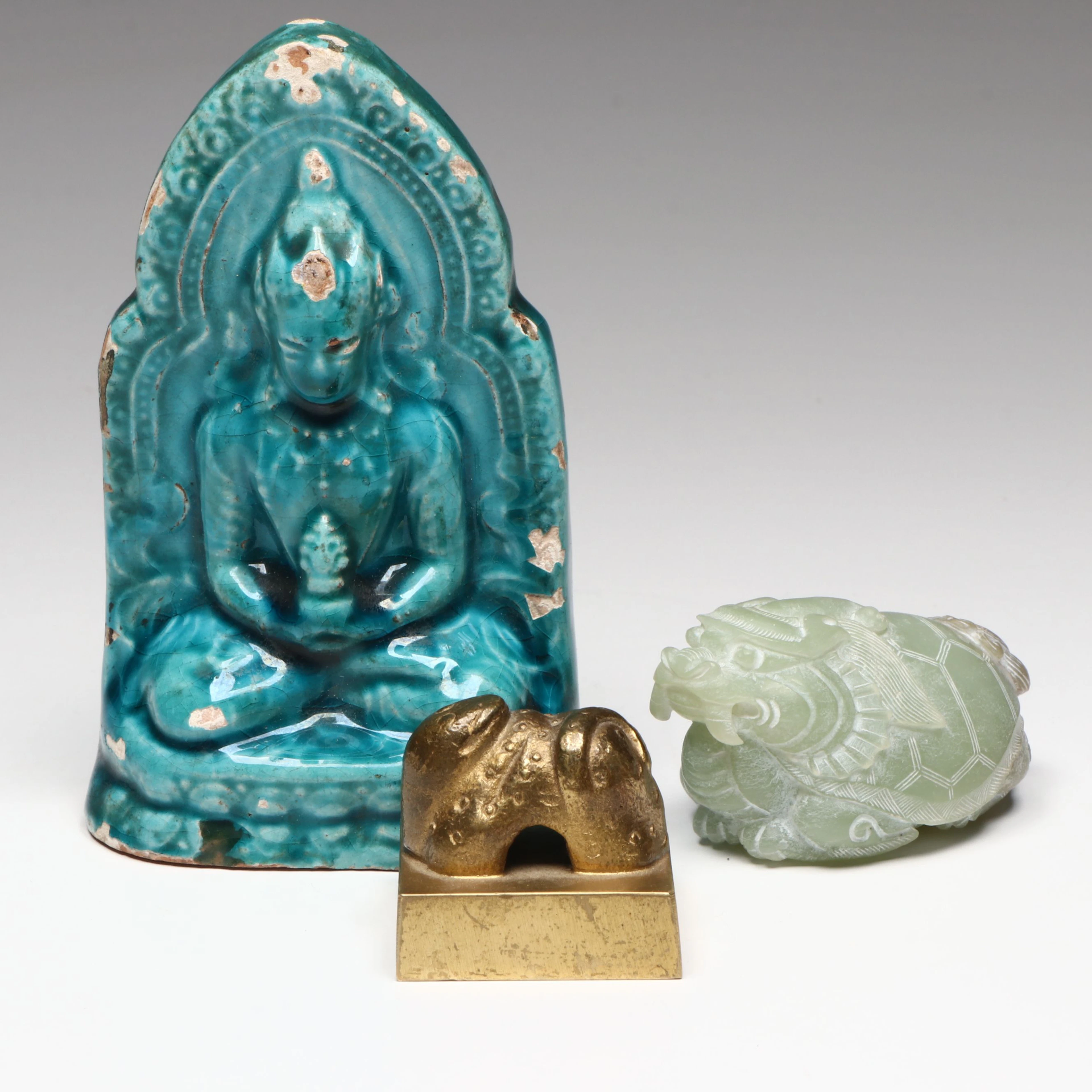 Antique Chinese Glazed Ceramic Buddha with Brass Stamp and Stone Guardian Lion