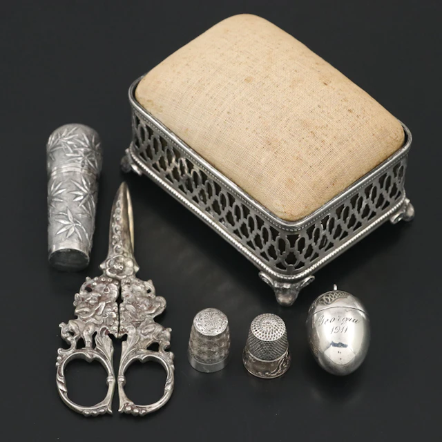 Gorham Sterling Silver Cased Box with Pincushion Lid and More Sewing Supplies
