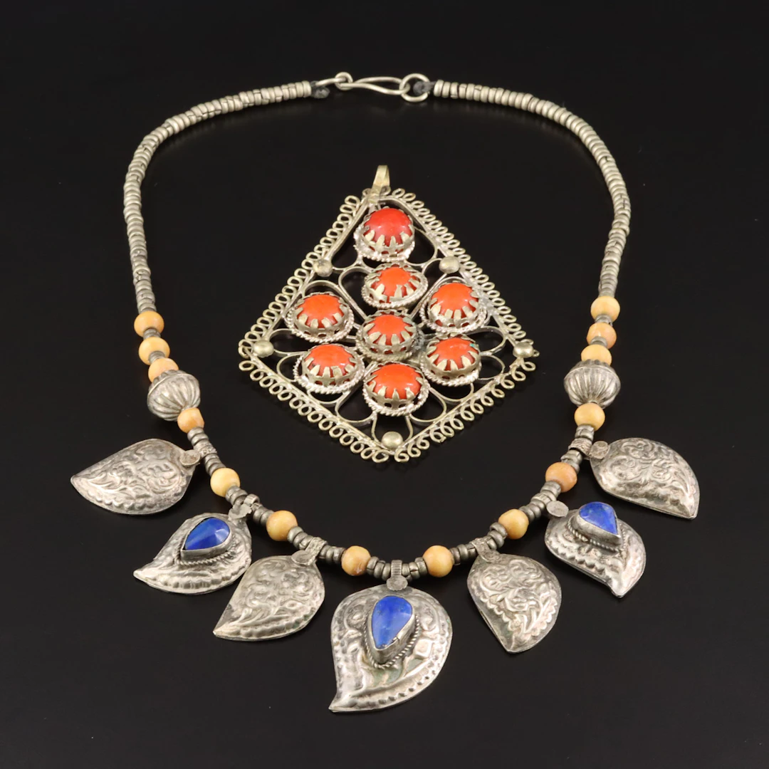 Afghani Lapis Lazuli Necklace with Orange Glass Pendant