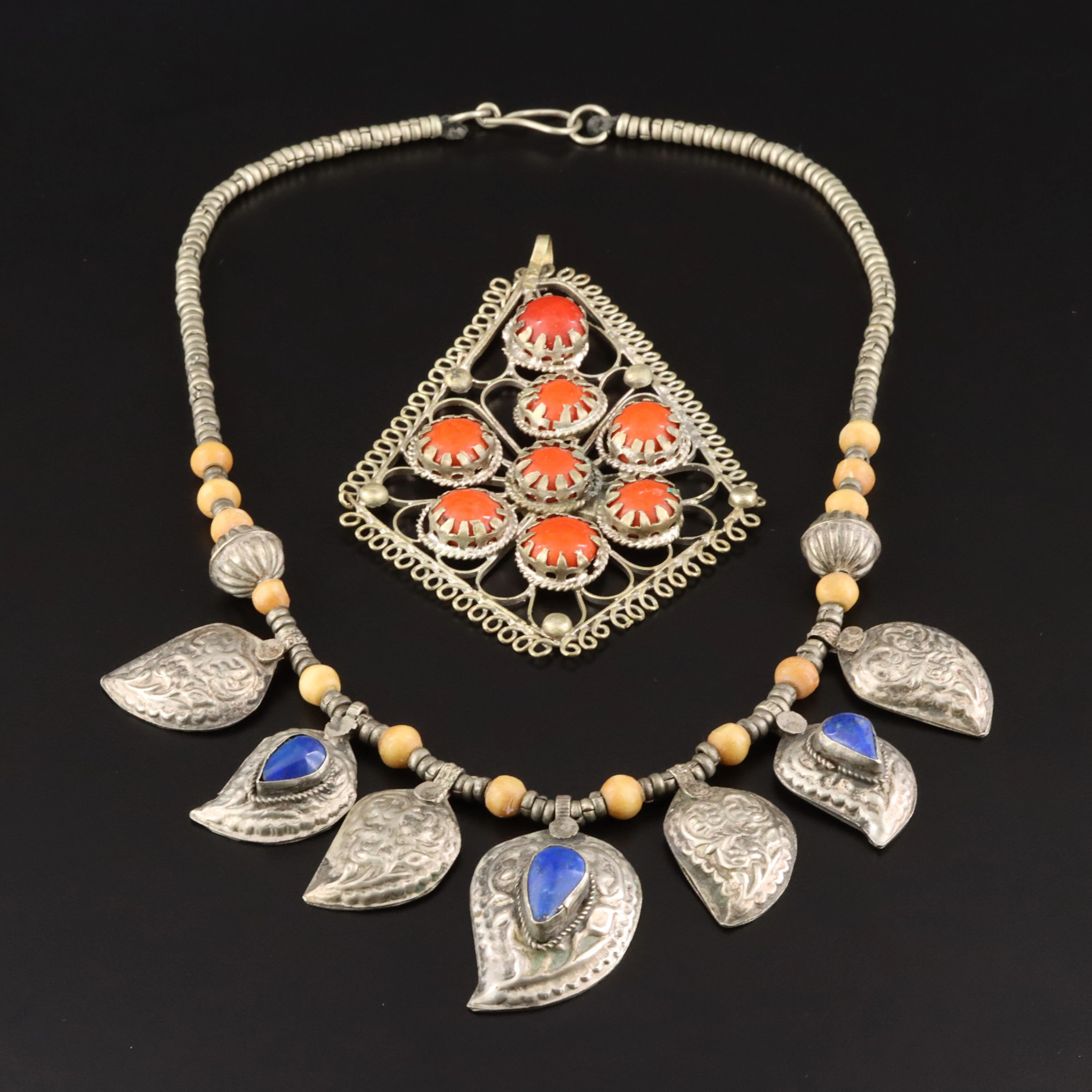 Afghani Lapis Lazuli Necklace with Orange Glass Pendant