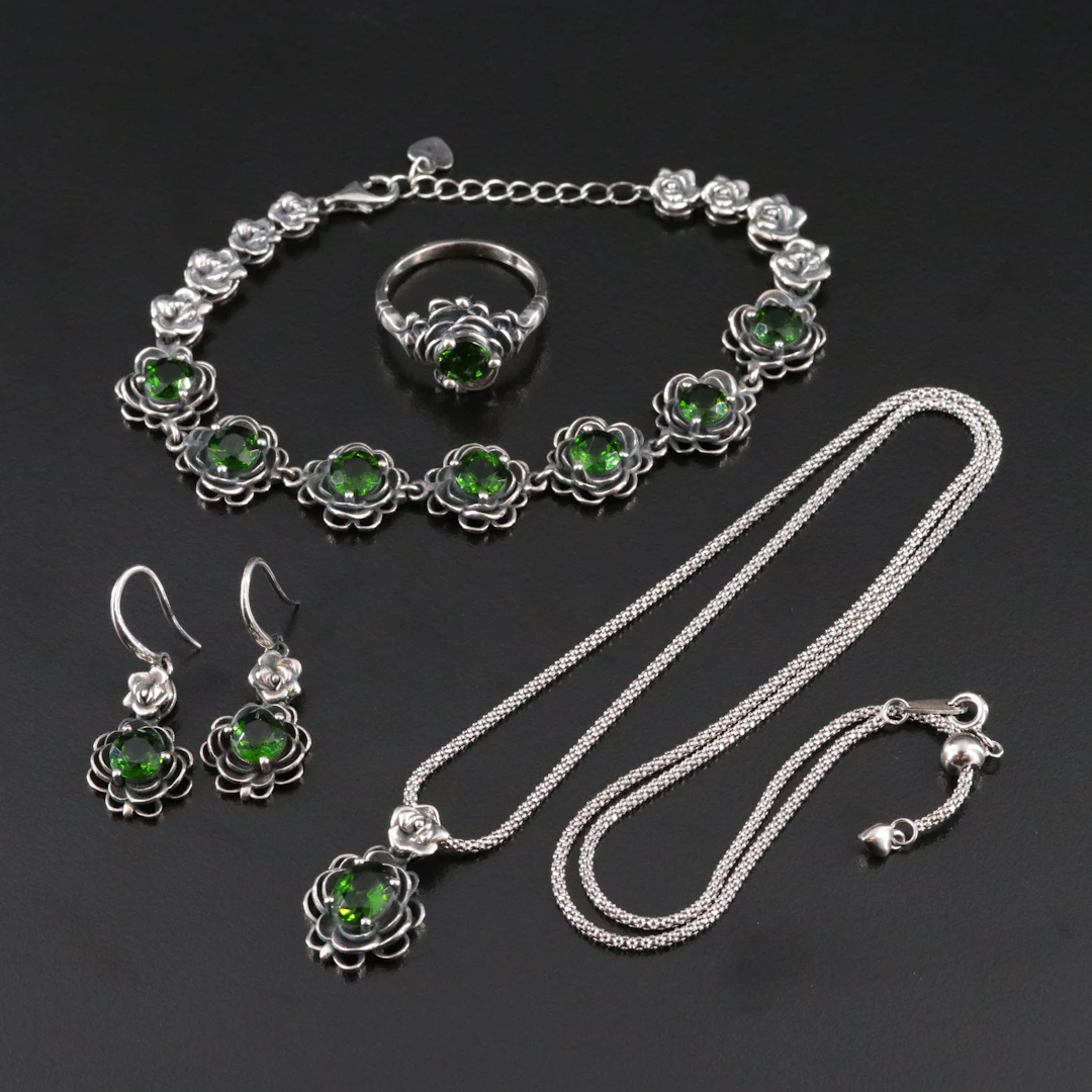 Sterling and Diopside Floral Necklace, Bracelet, Earrings, and Ring