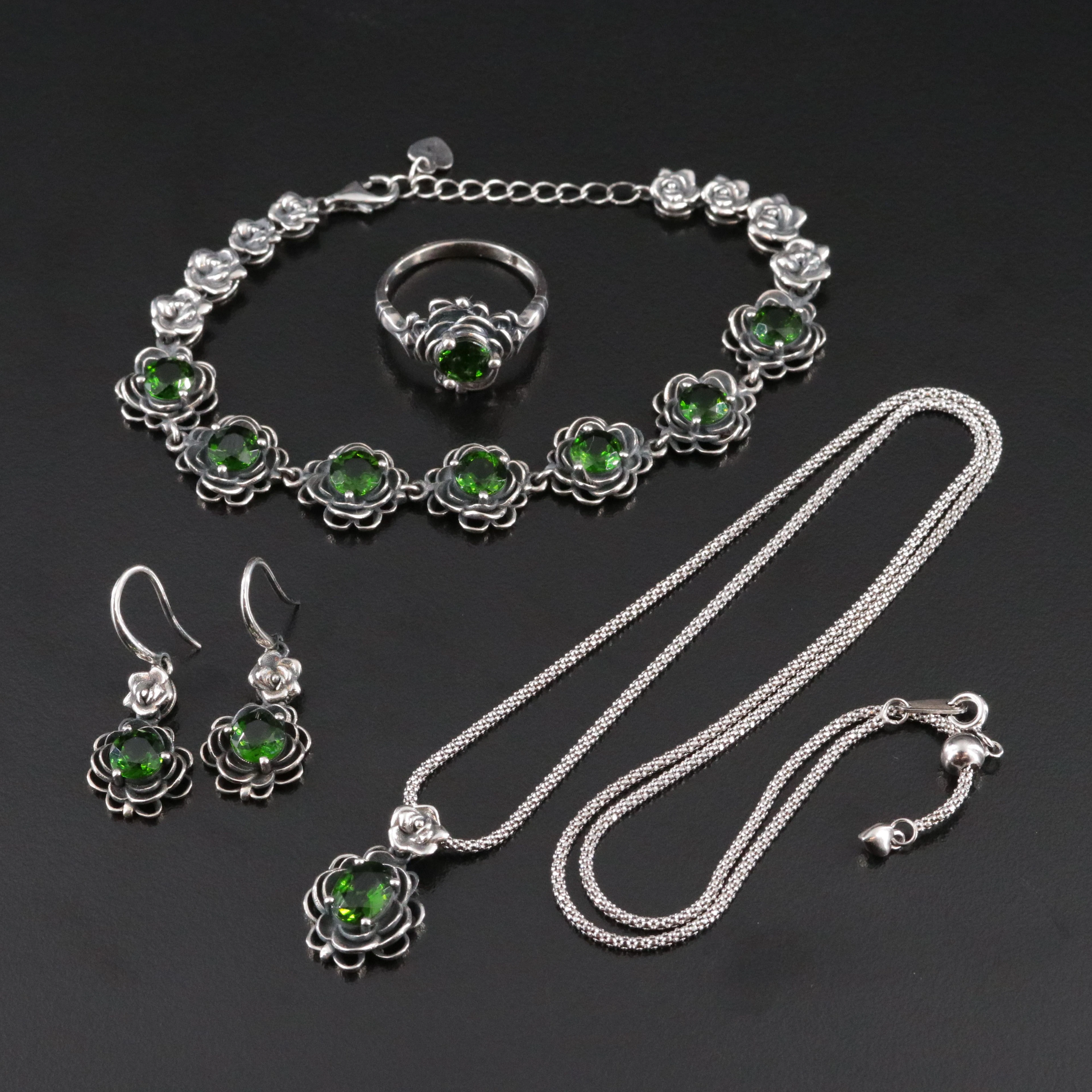 Sterling and Diopside Floral Necklace, Bracelet, Earrings, and Ring