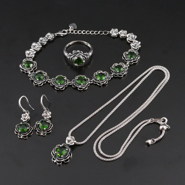 Sterling and Diopside Floral Necklace, Bracelet, Earrings, and Ring