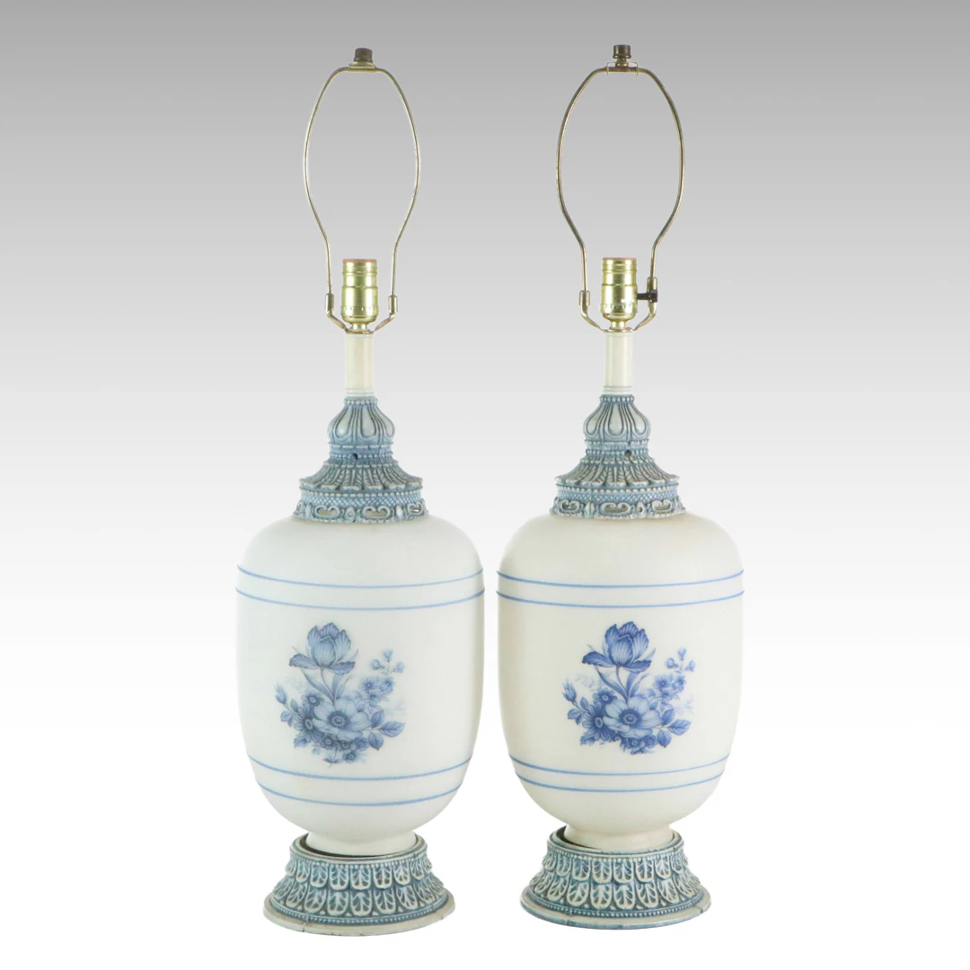 Pair of Blue and White Urn Form Table Lamps, Mid to Late 20th C.