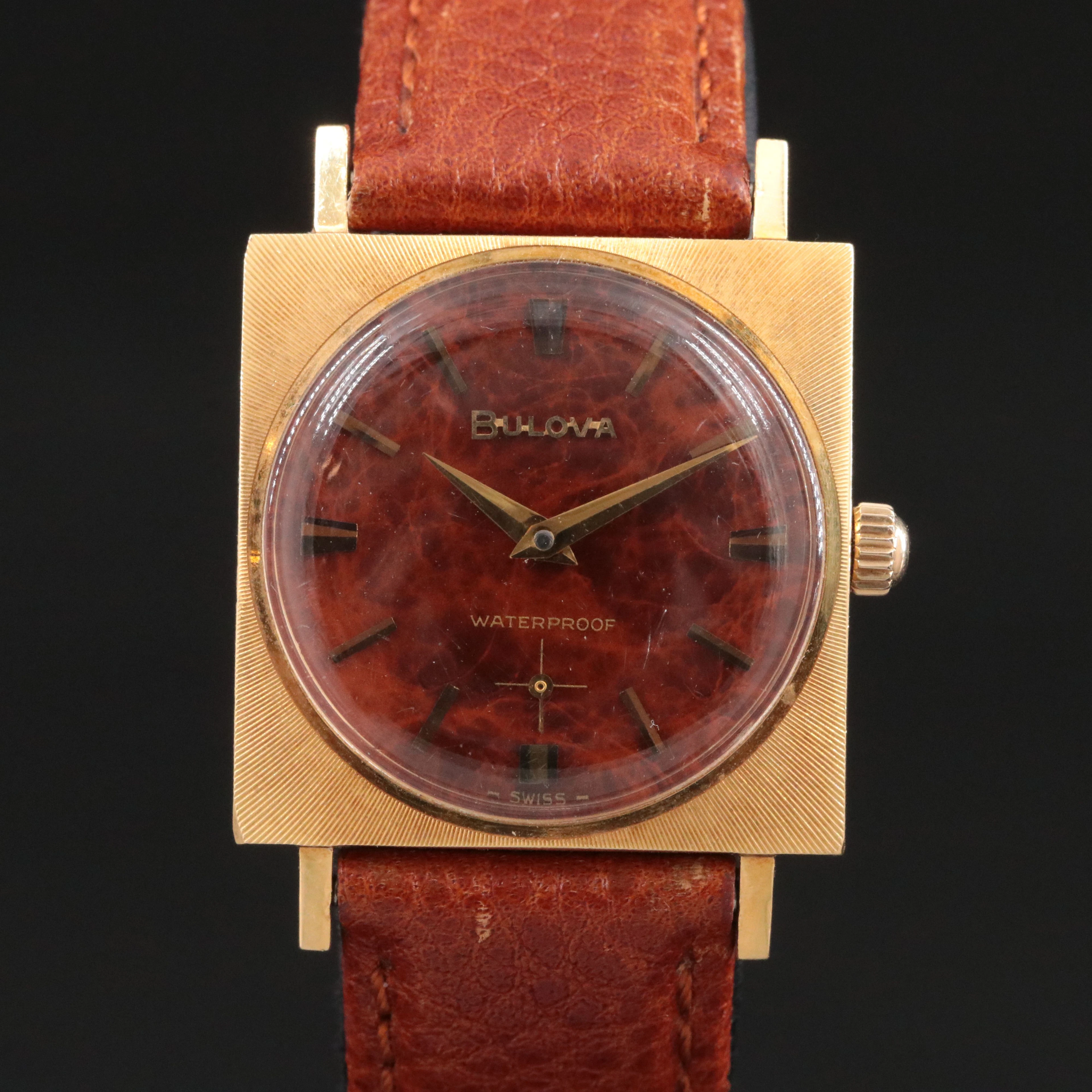 18Kt. Bulova Waterproof 1968 Wood Dial Watch