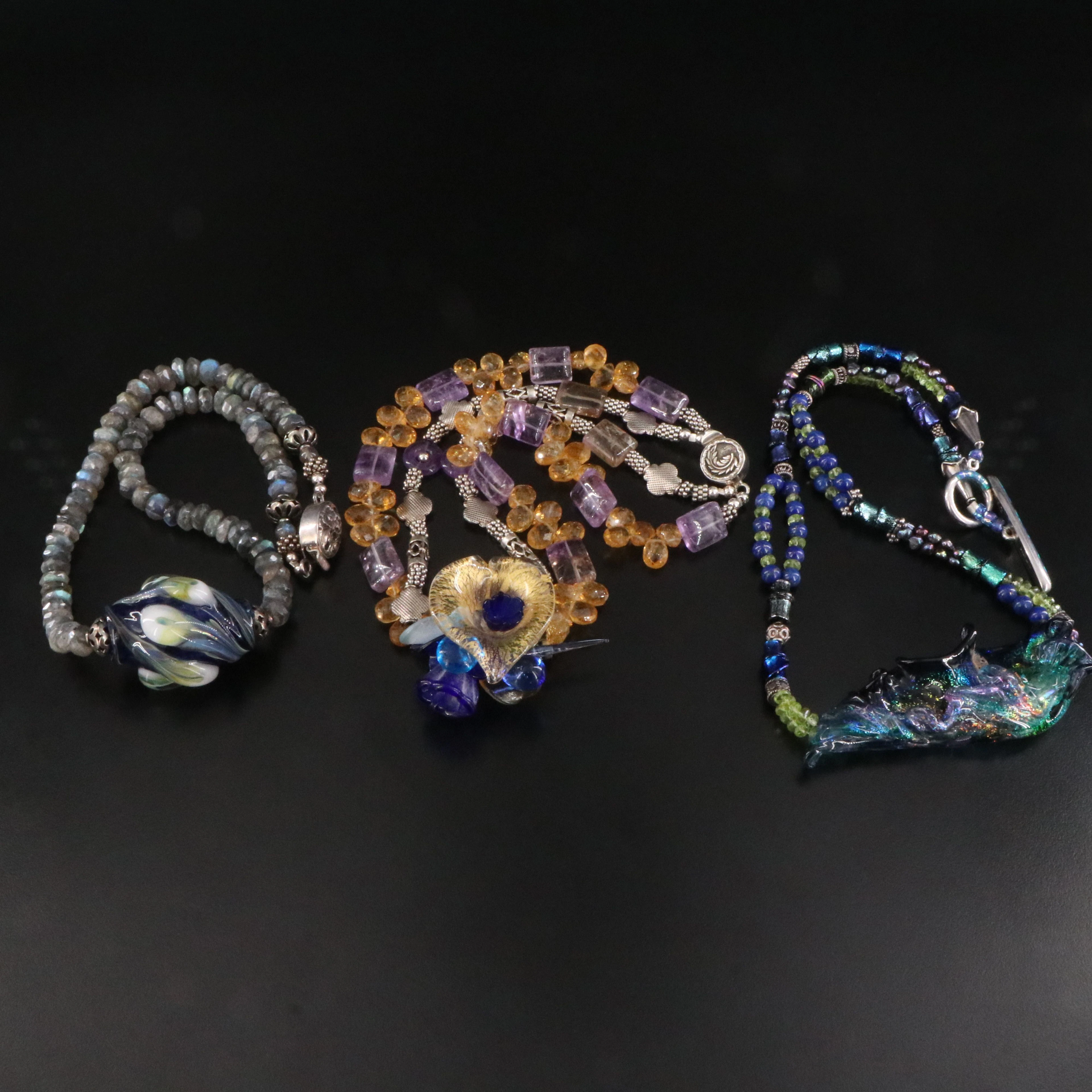 Sterling Art Glass Necklaces Including Labradorite and Amethyst