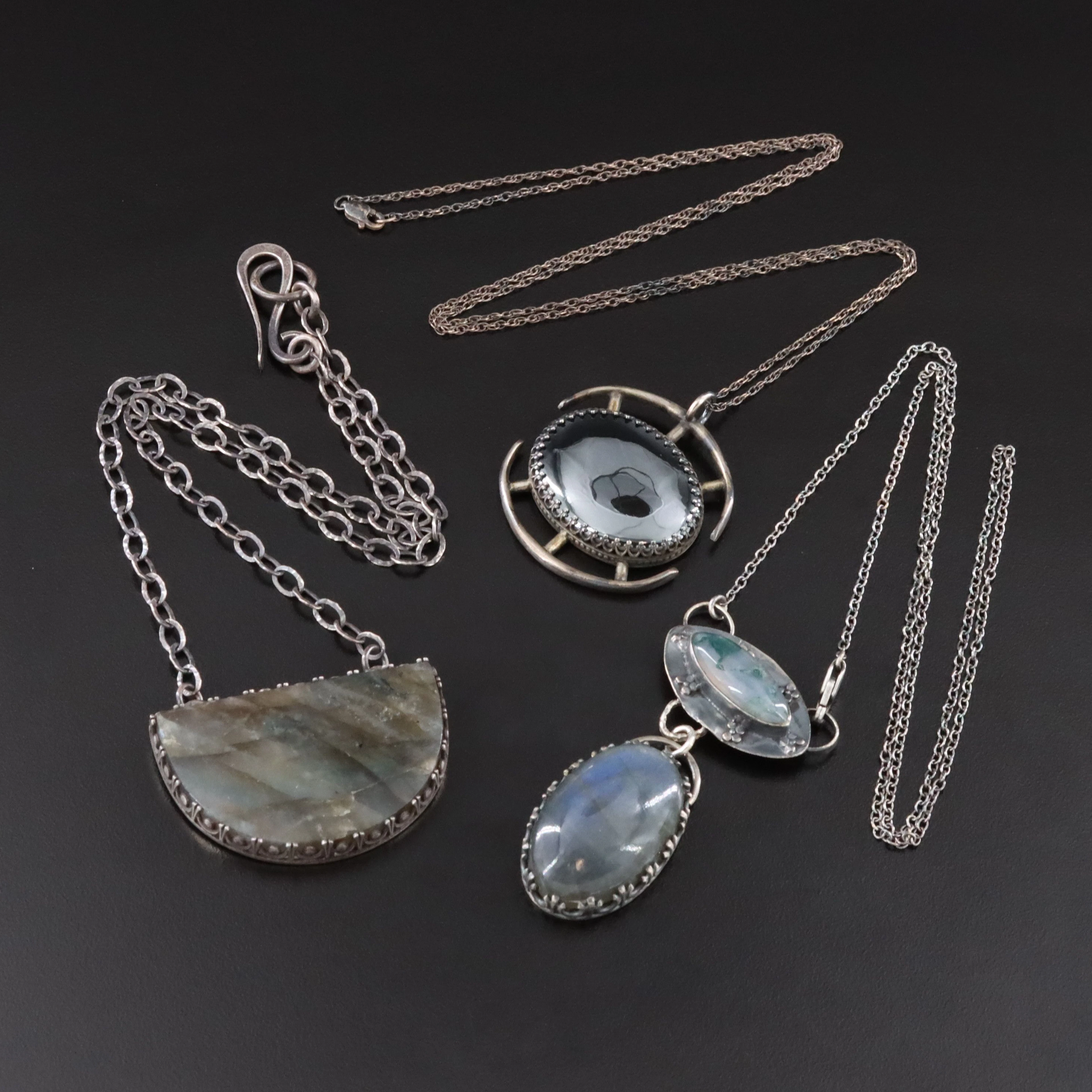 Sterling Artist Signed Labradorite, Agate, and Hematite Necklaces