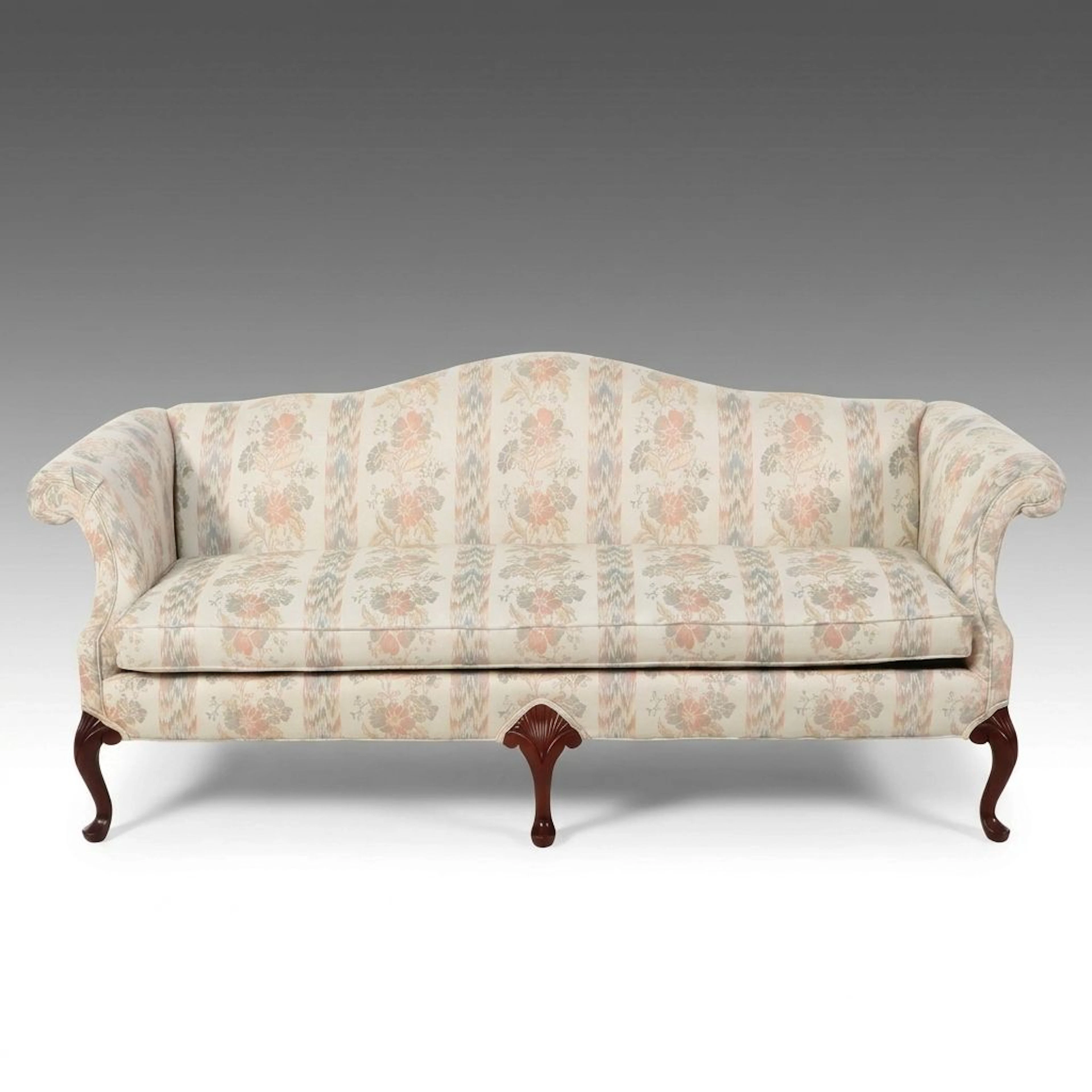 Key City Chippendale Style Upholstered Camelback Sofa, Late 20th Century