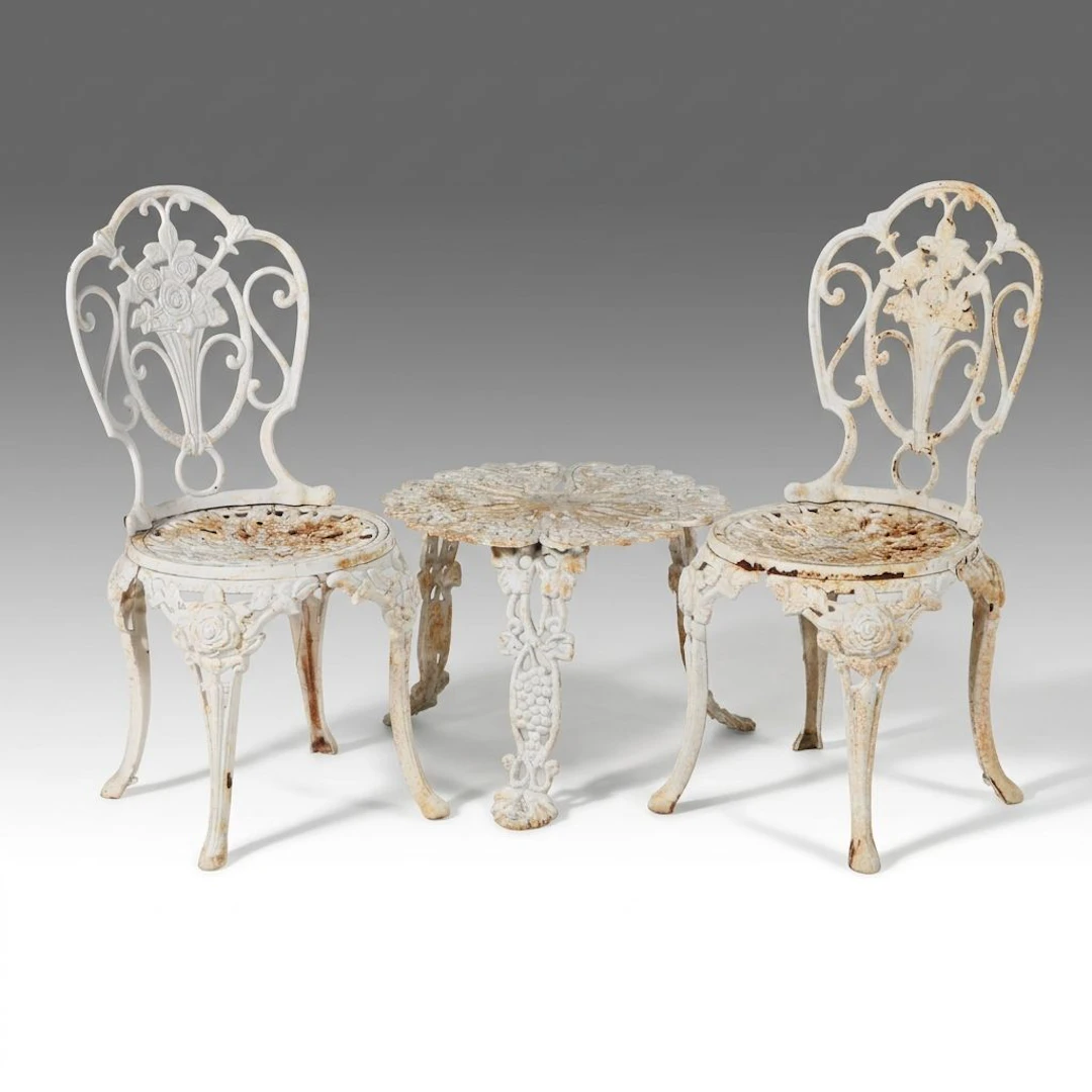 Victorian Painted Metal Garden Chairs and Table, Early to Mid-20th Century