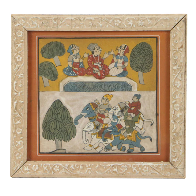 Indian Miniature Gouache and Ink Painting of Royal Court and Elephant