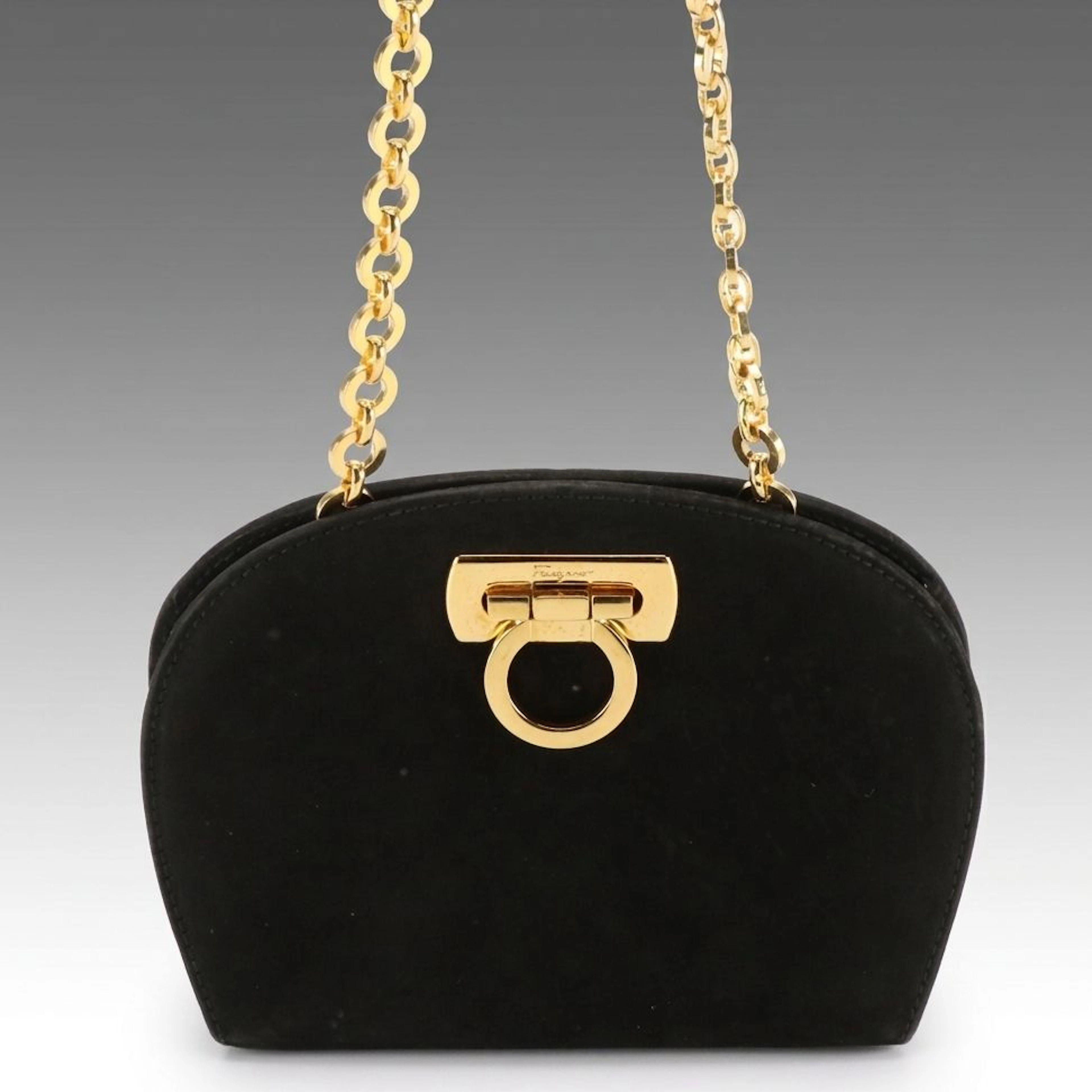 Salvatore Ferragamo Gancini Clasp Mini Chain Shoulder Bag in Black Suede
