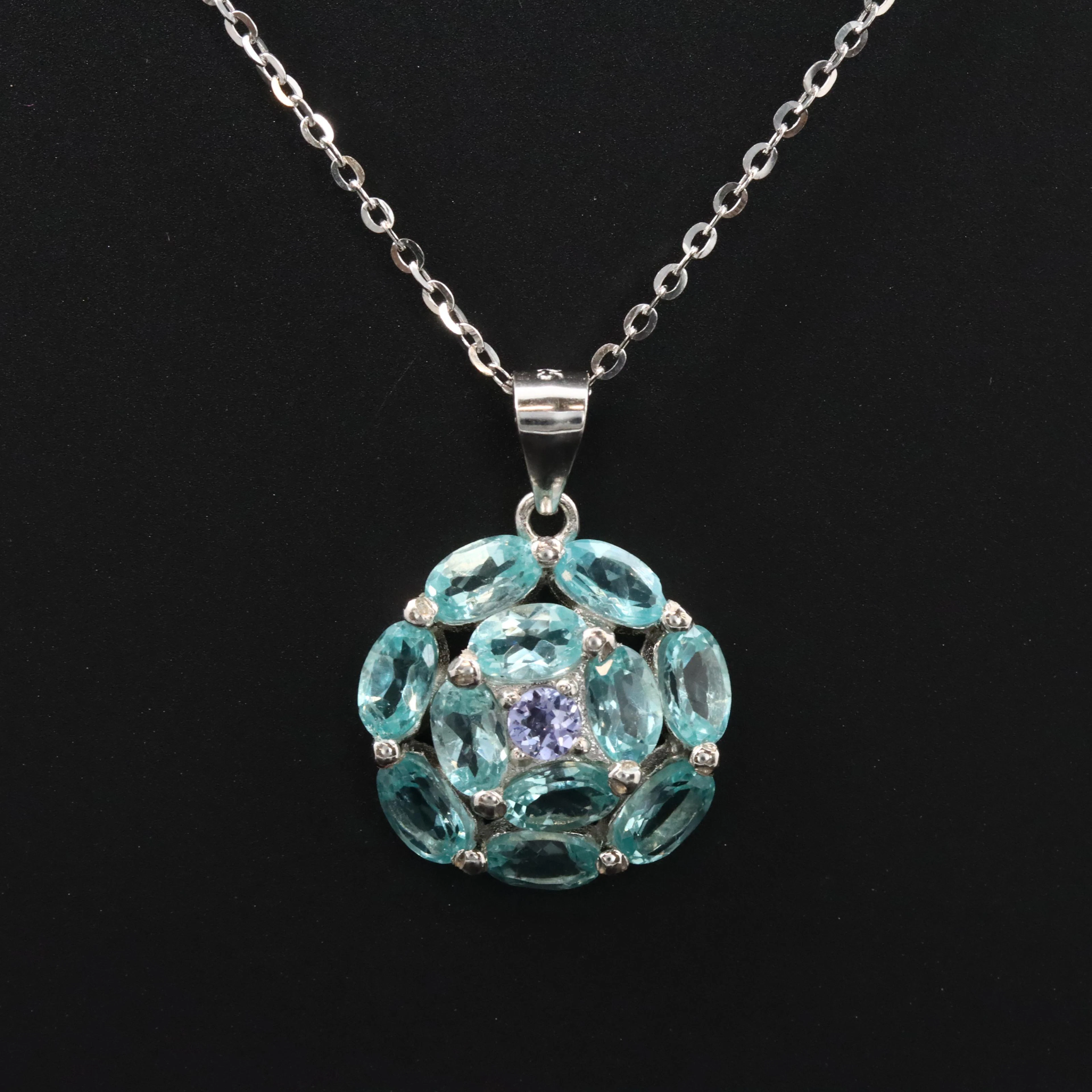 Sterling Apatite and Tanzanite Halo Pendant Necklace