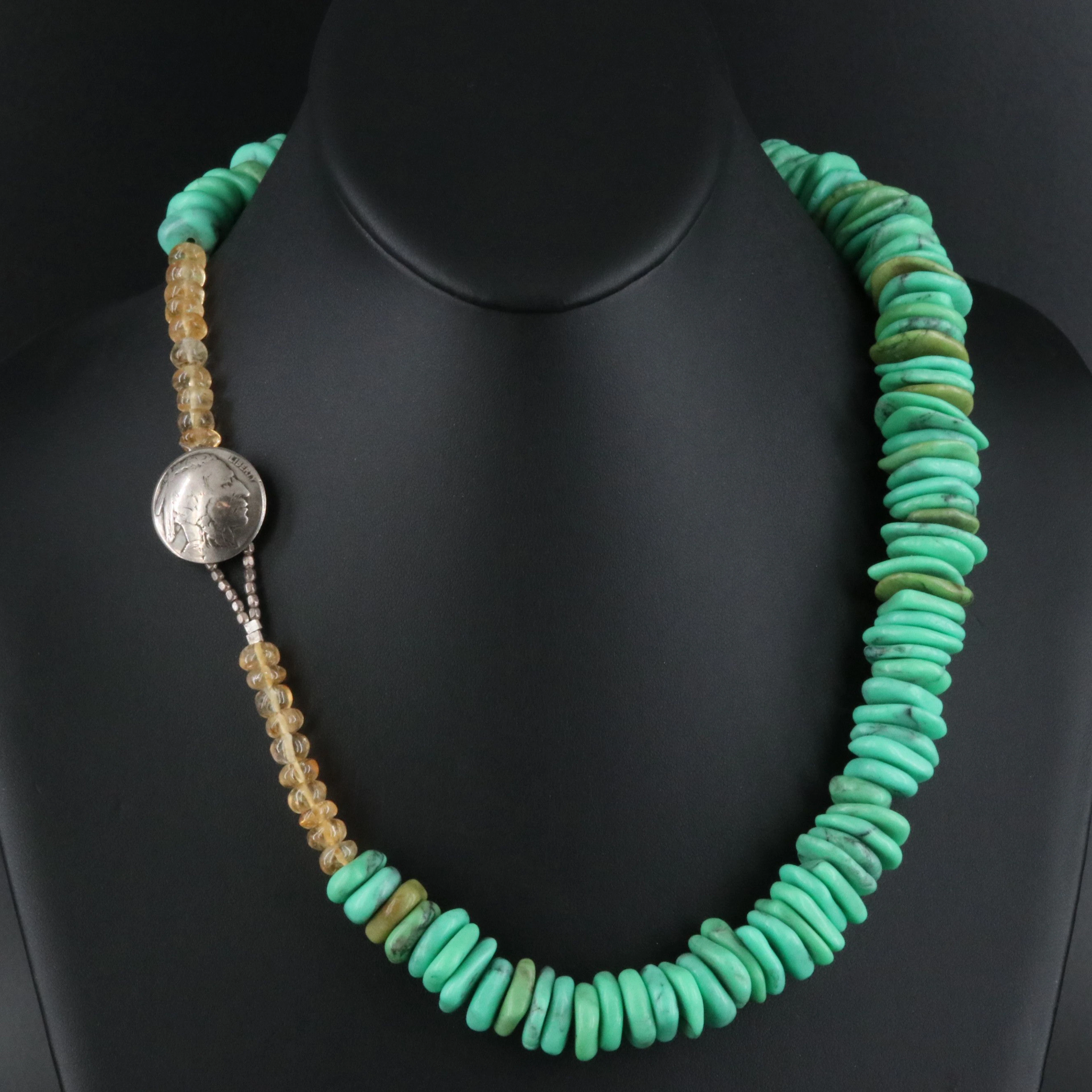 Chrysoprase and Citrine Necklace with Buffalo Nickel Clasp