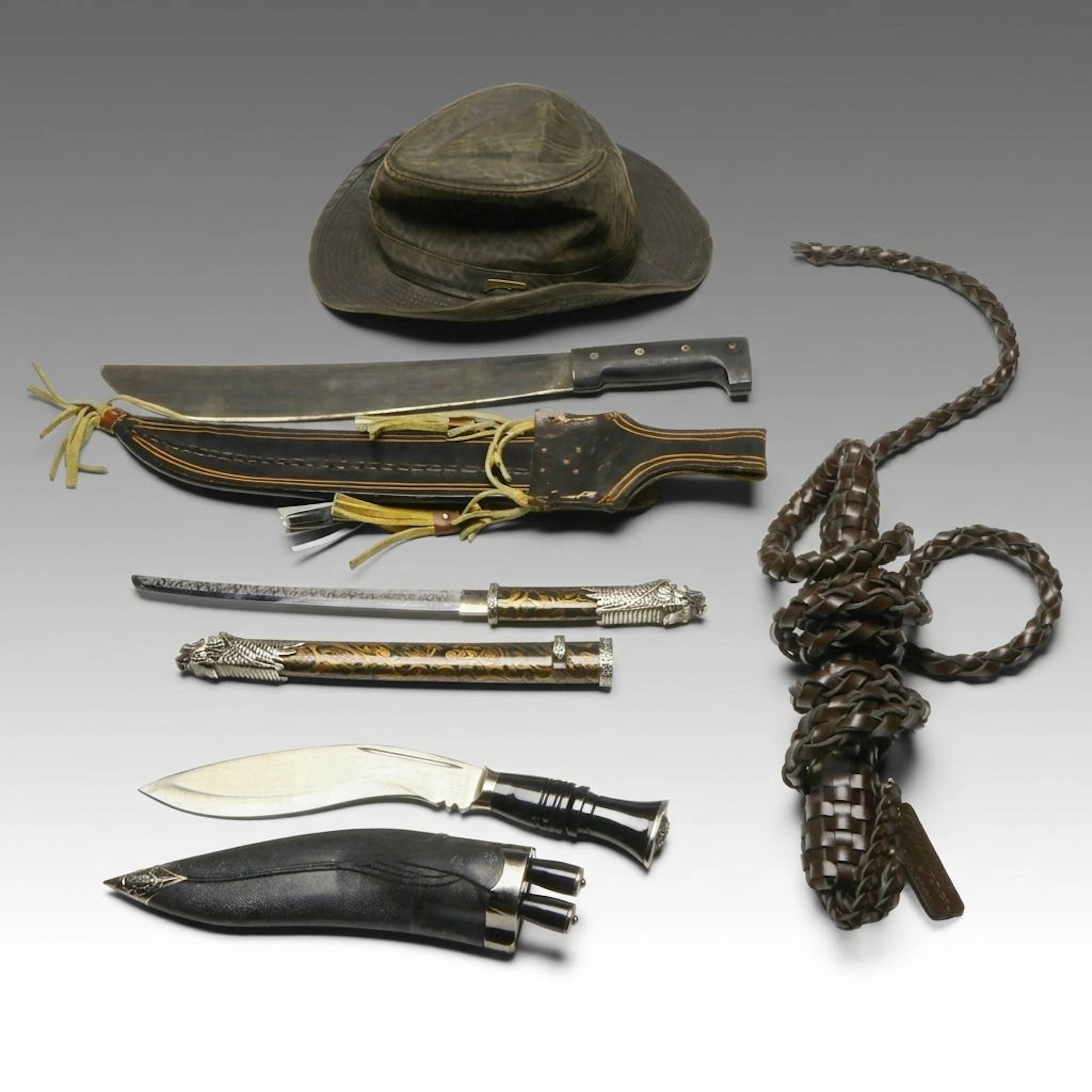 Indiana Jones Franchise Novelty Hat and Whip, with Collins & Co. Machete