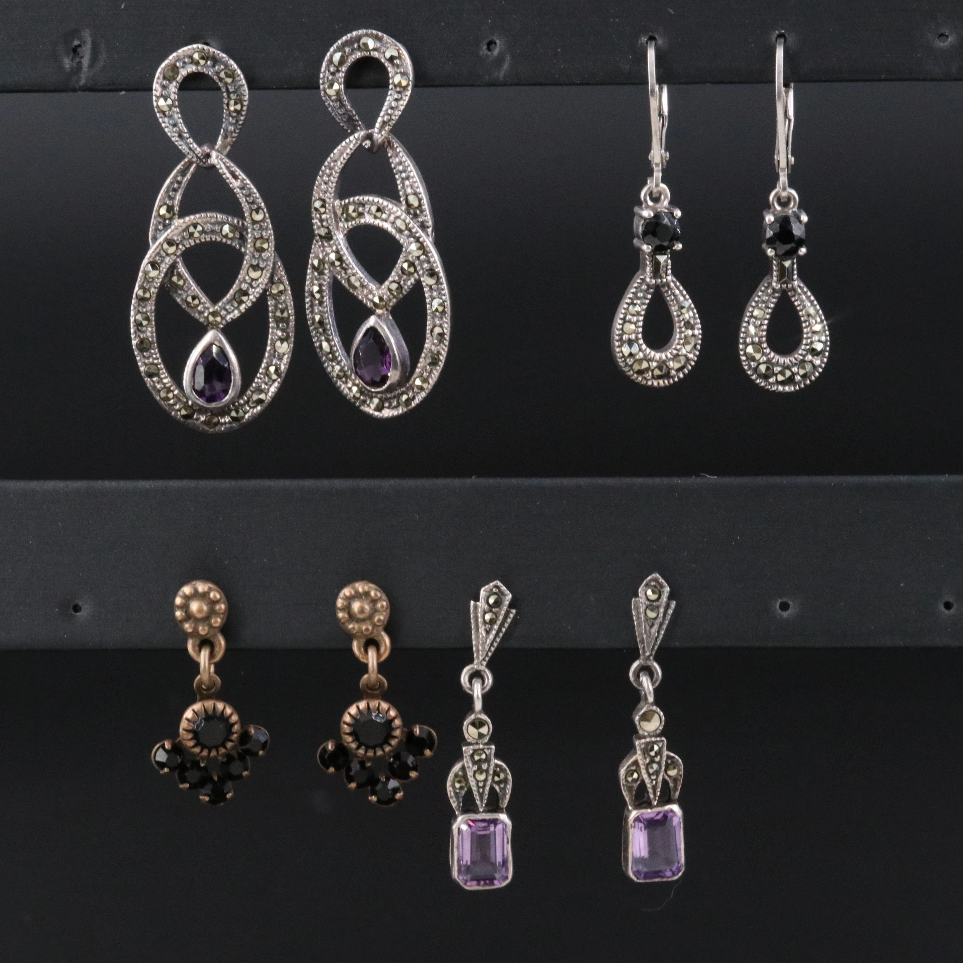 Judith Jack Featured in Sterling Amethyst, Marcasite, and Black Onyx Earrings