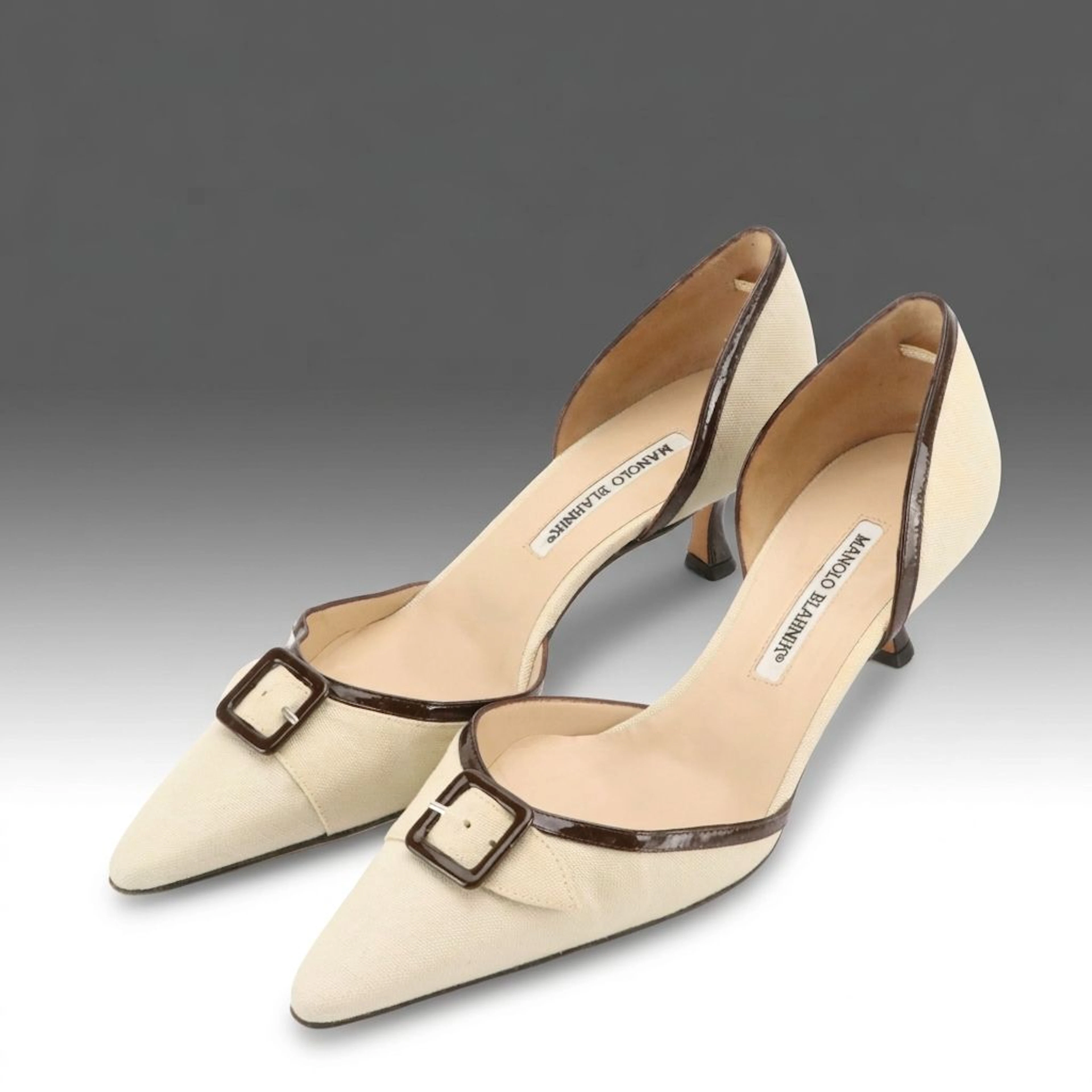 Manolo Blahnik Buckle Strap d'Orsay Kitten Heels in Canvas and Patent Leather
