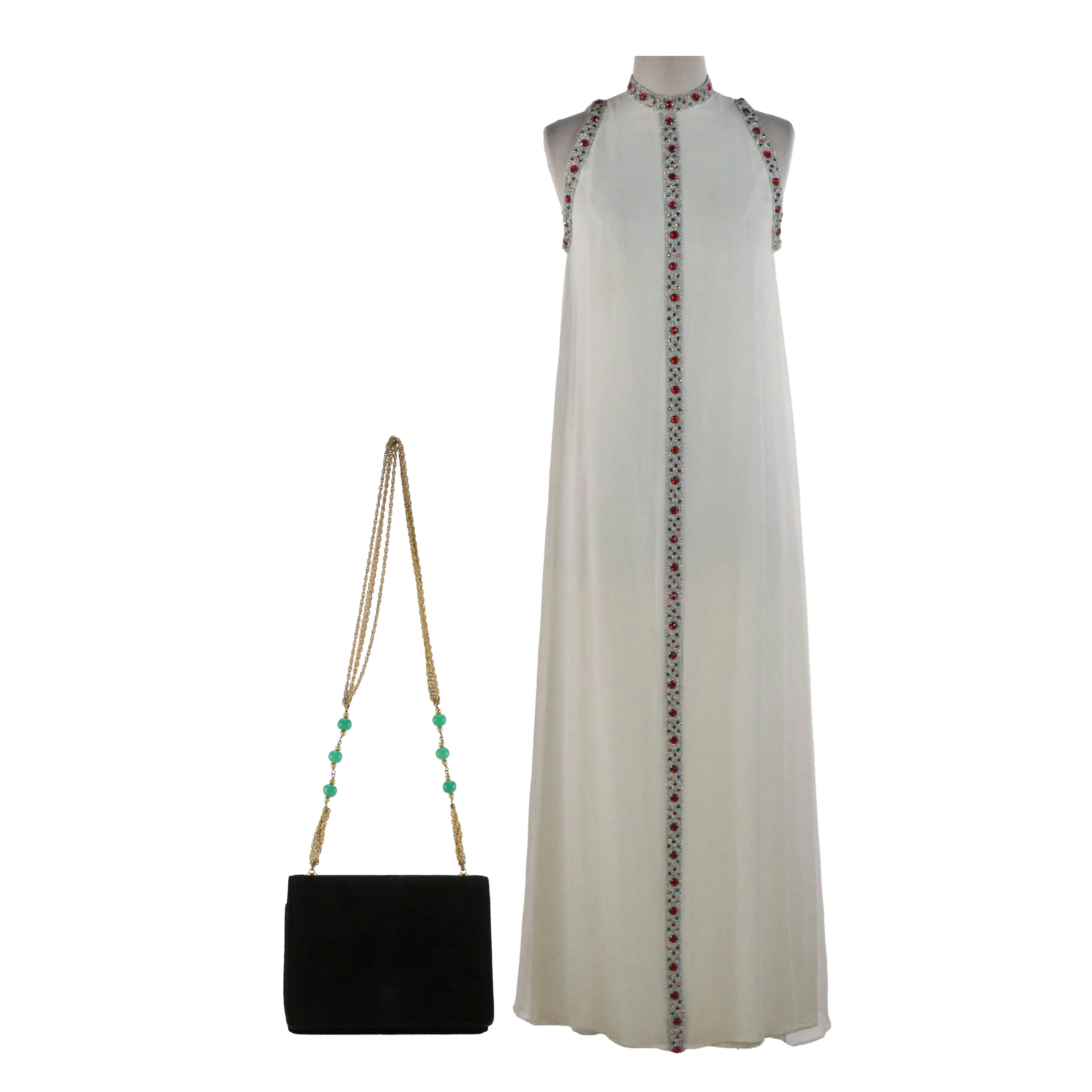 Emma Domb Embellished White Chiffon Sleeveless Evening Gown & Other Leather Bag