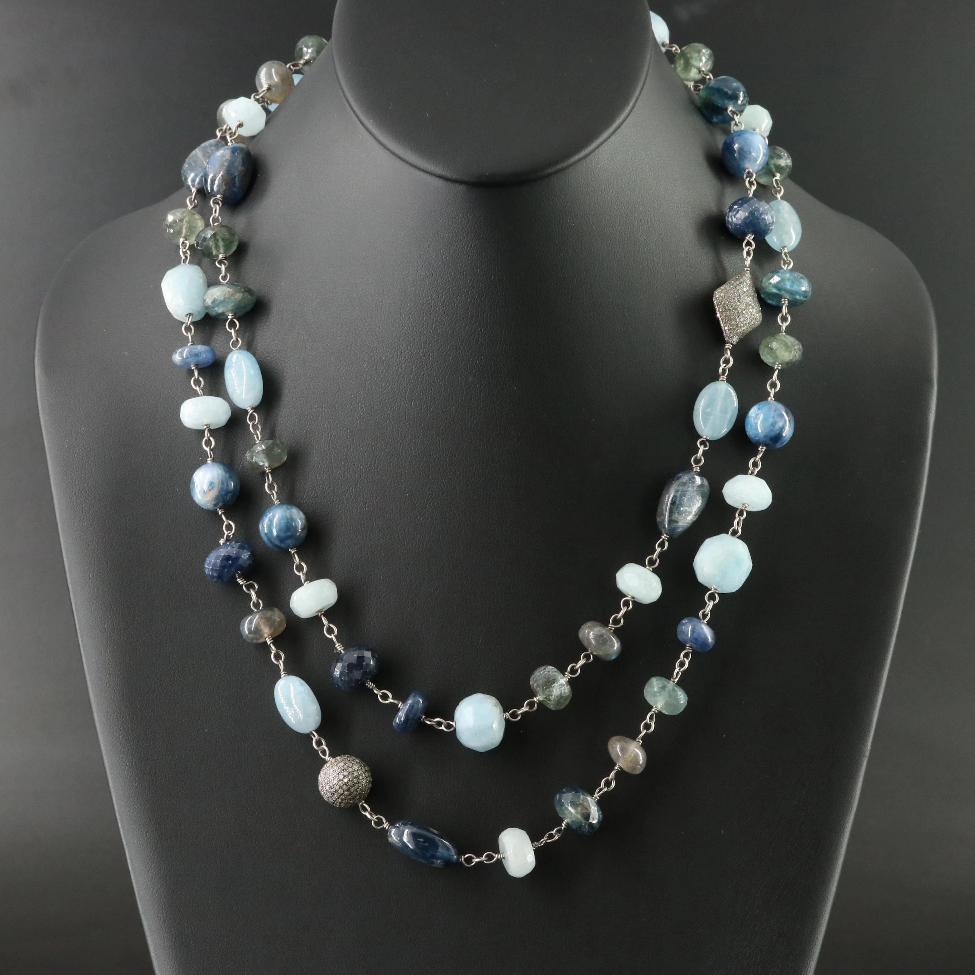Sterling Gemstone Necklace Including Kyanite & Diamond Attributed