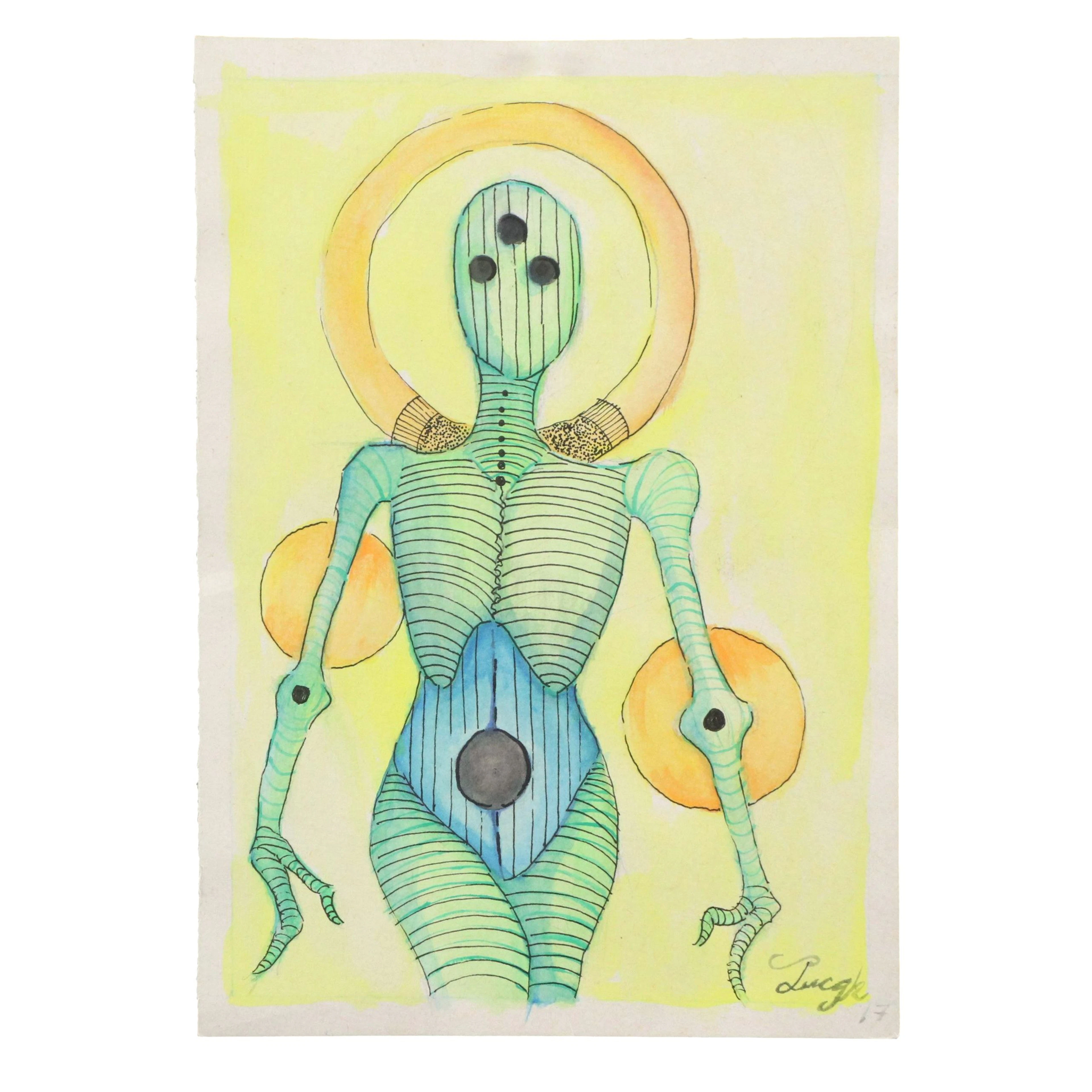 Surreal Ink and Watercolor Painting of Otherworldly Figure