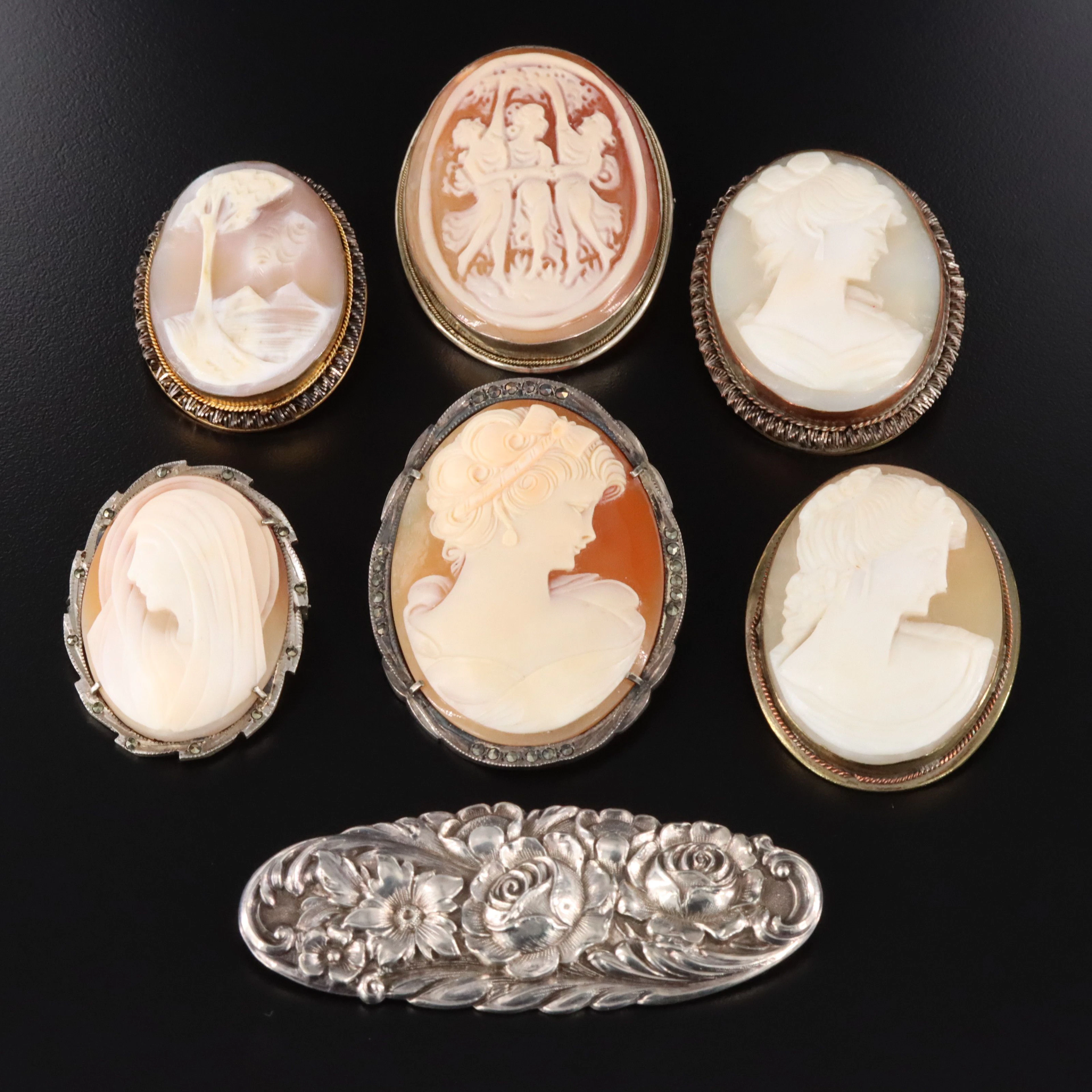 Vintage B. Kirk & Son Sterling & 800 Silver Featured in Shell Cameo Brooches
