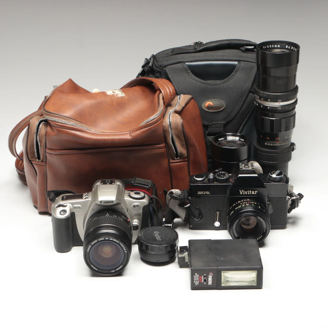 Canon Rebel 2000 and Vivitar 220/SL with Camera Bags and Lens