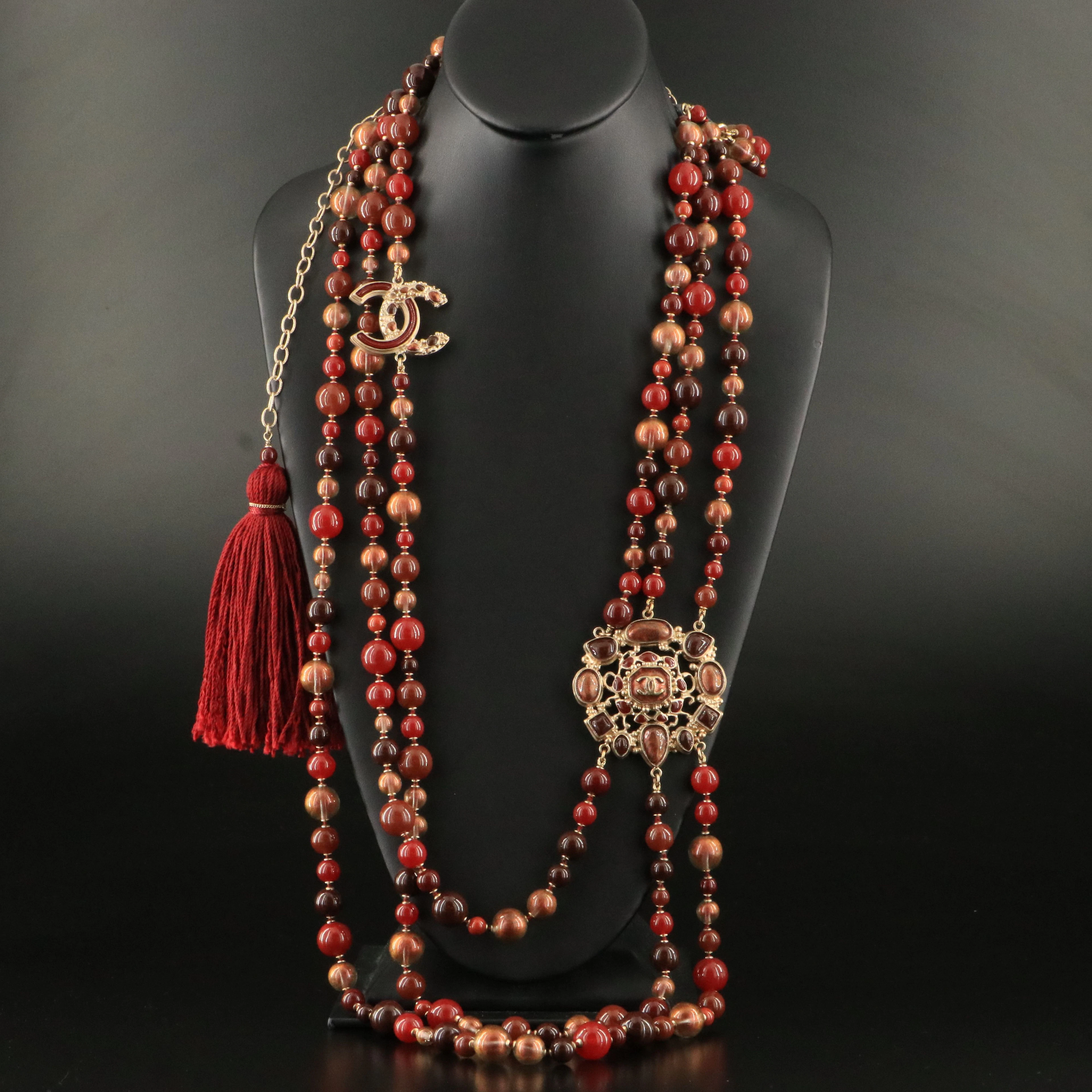 Chanel CC Glass and Enamel Station Necklace Tassel Backdrop Detail, Autumn 2012