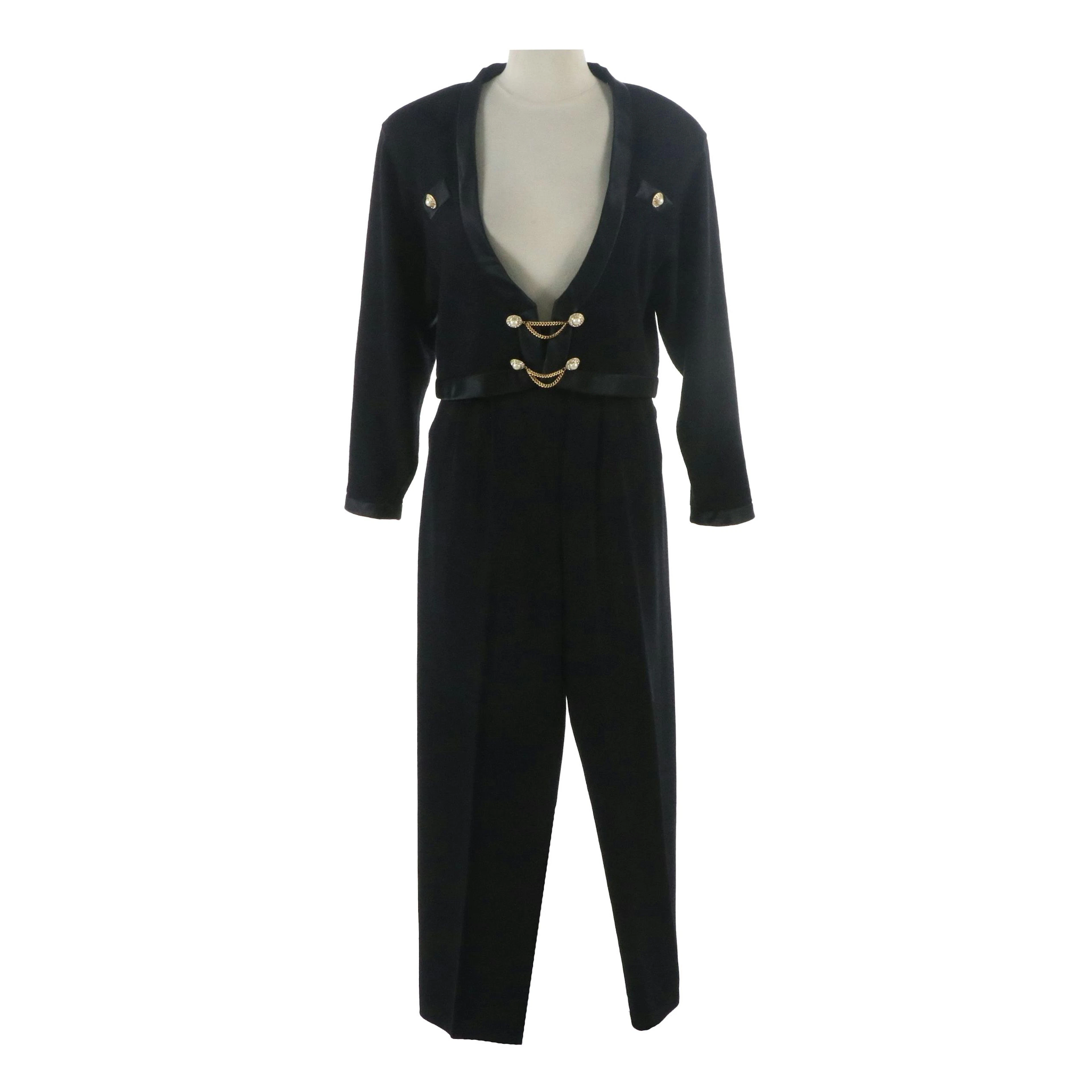 Vintage St. John Cropped Chain Cardigan and Pleated Pants in Black Wool Knit