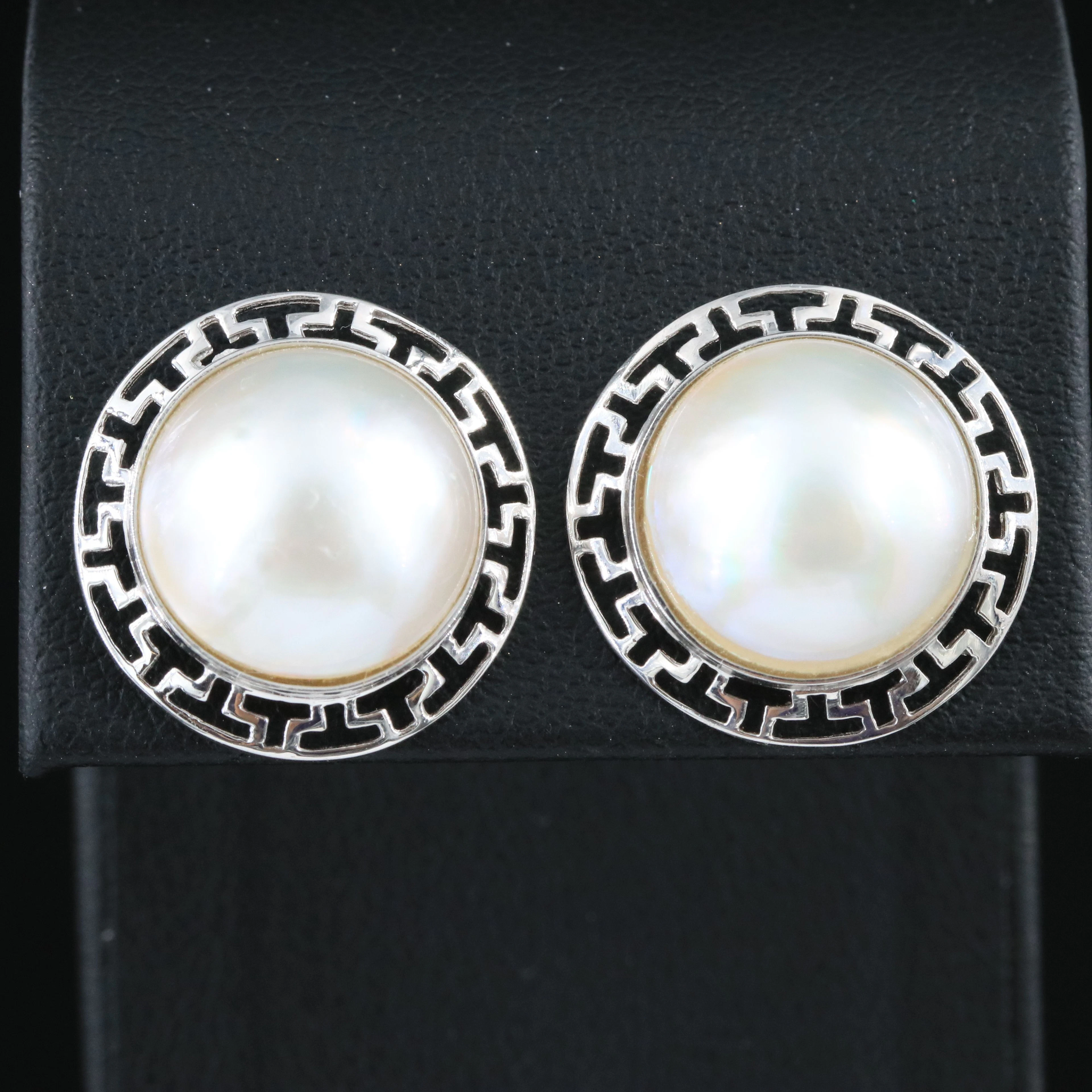 18k Mabé Pearl Greek Key Earrings