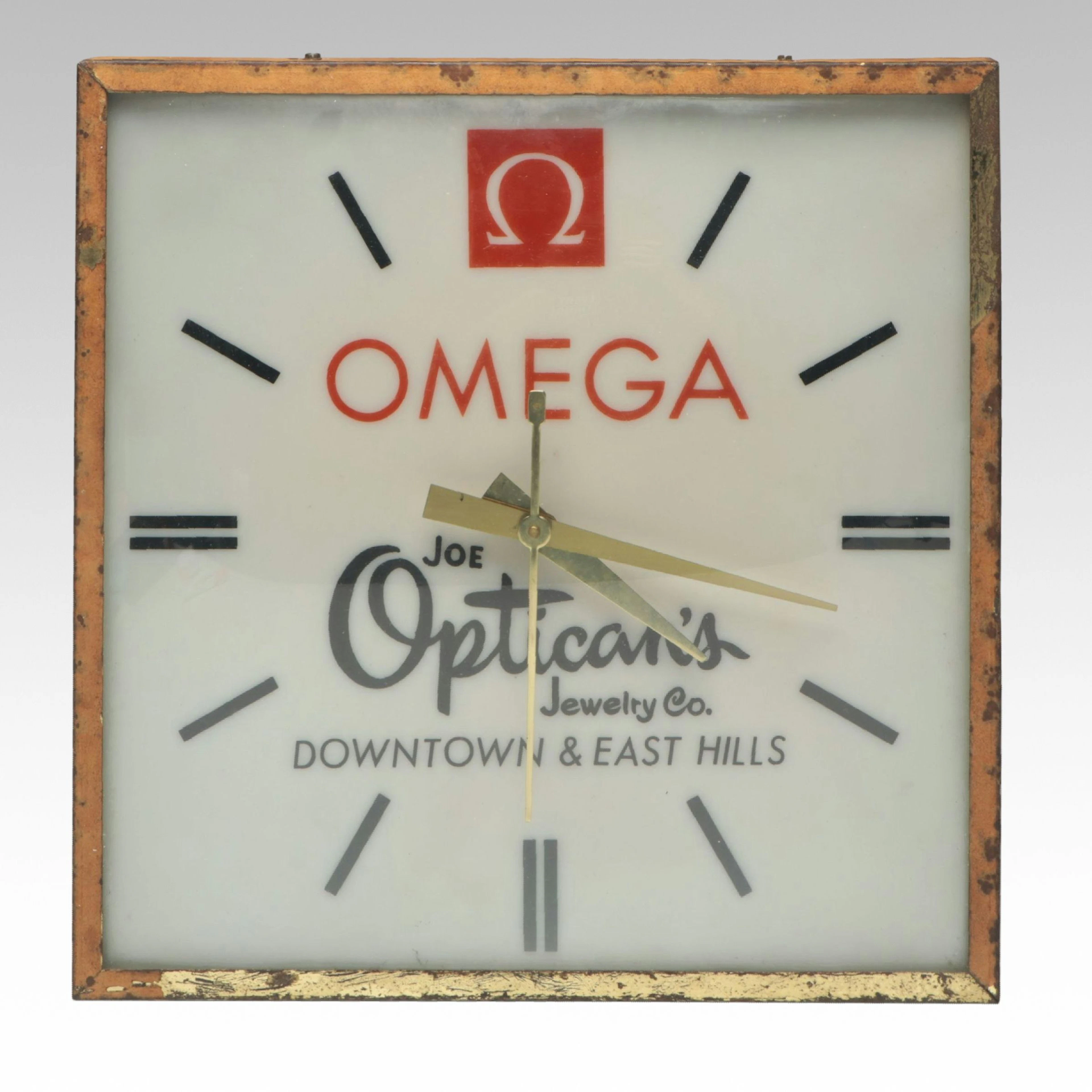 Joe Optican's Jewelry Co. Omega Illuminated Advertising Clock, Circa 1965–1970s