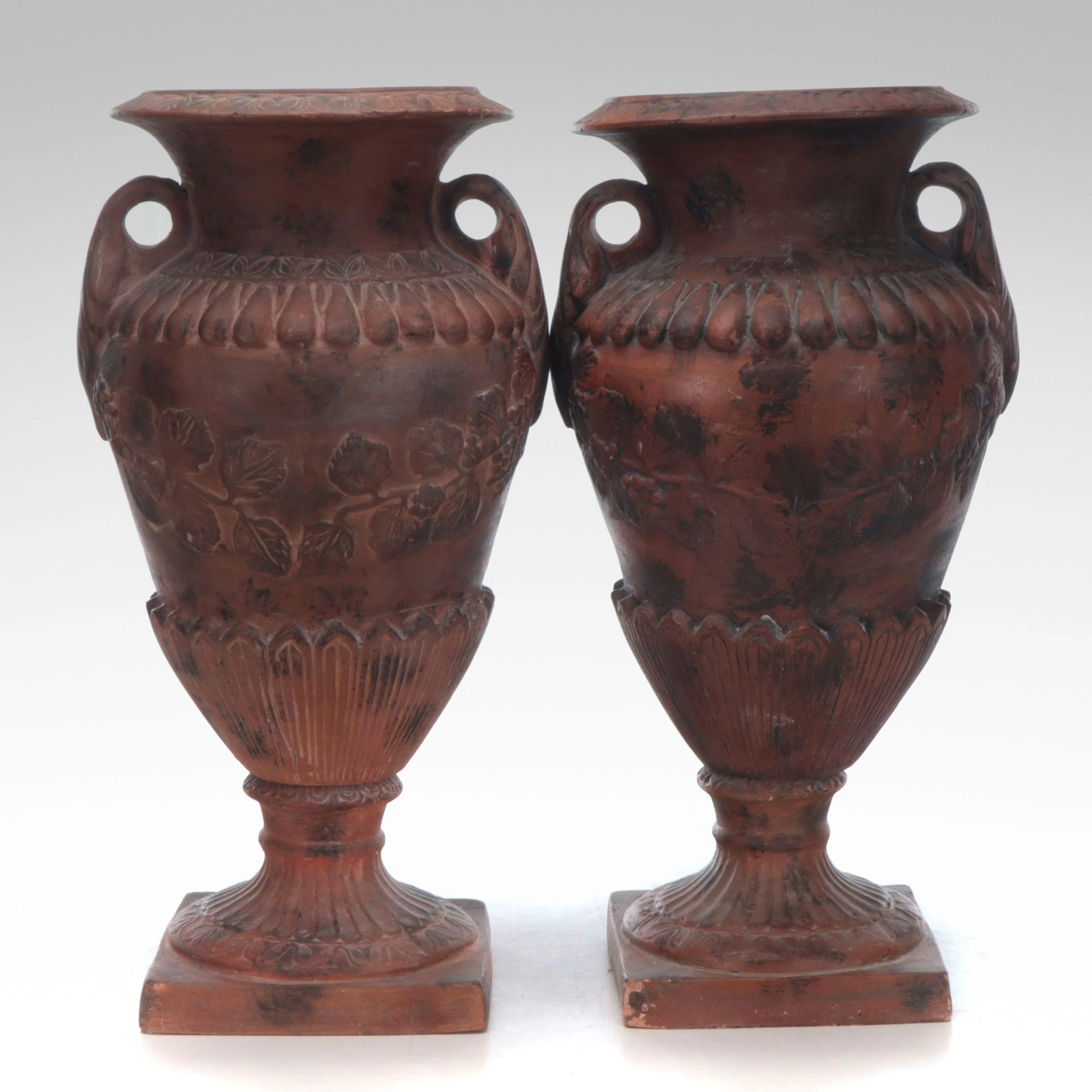 Pair of Neoclassical Style Antiqued Plaster Urns