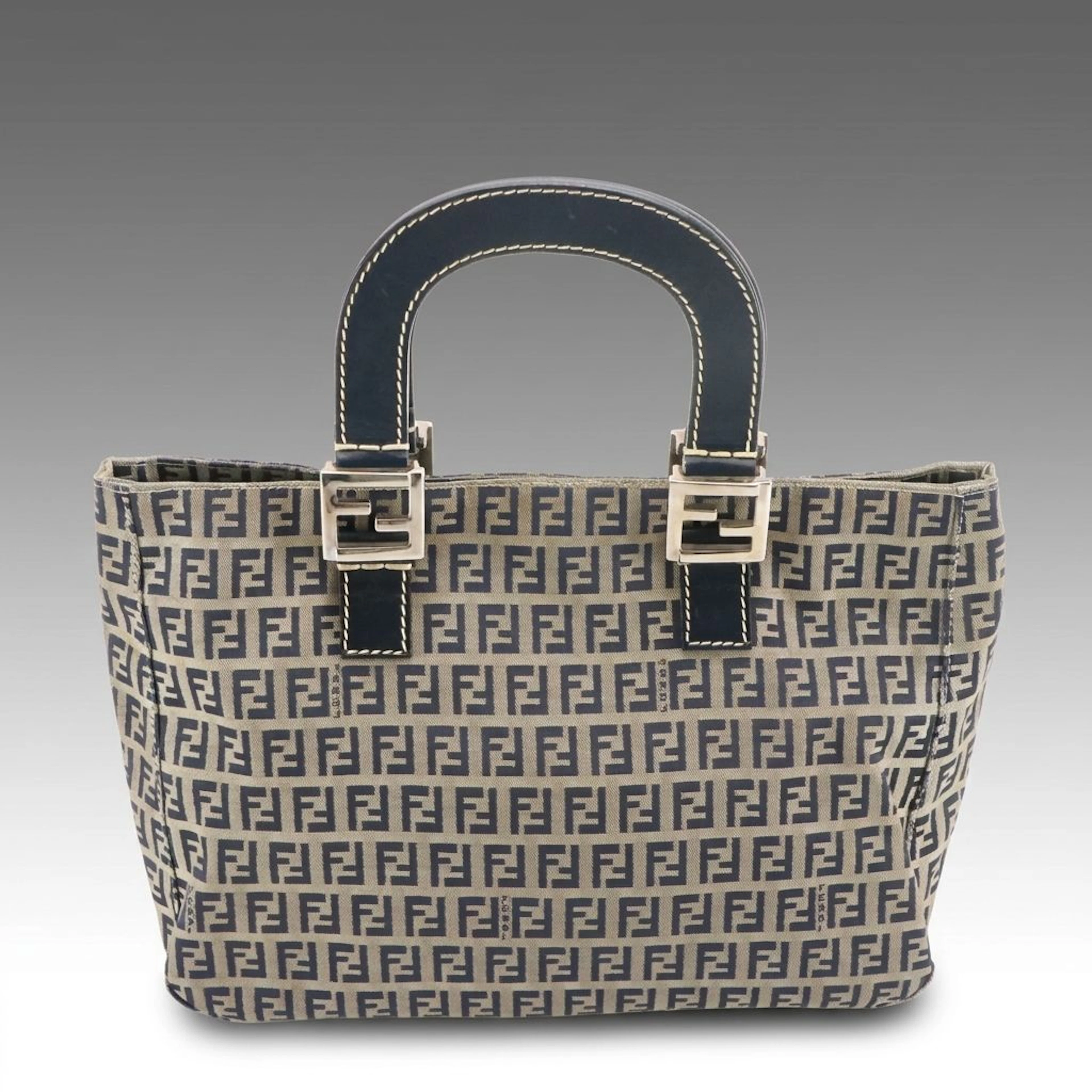 Fendi Top handle Tote Bag in Navy Blue Zucchino Canvas and Leather