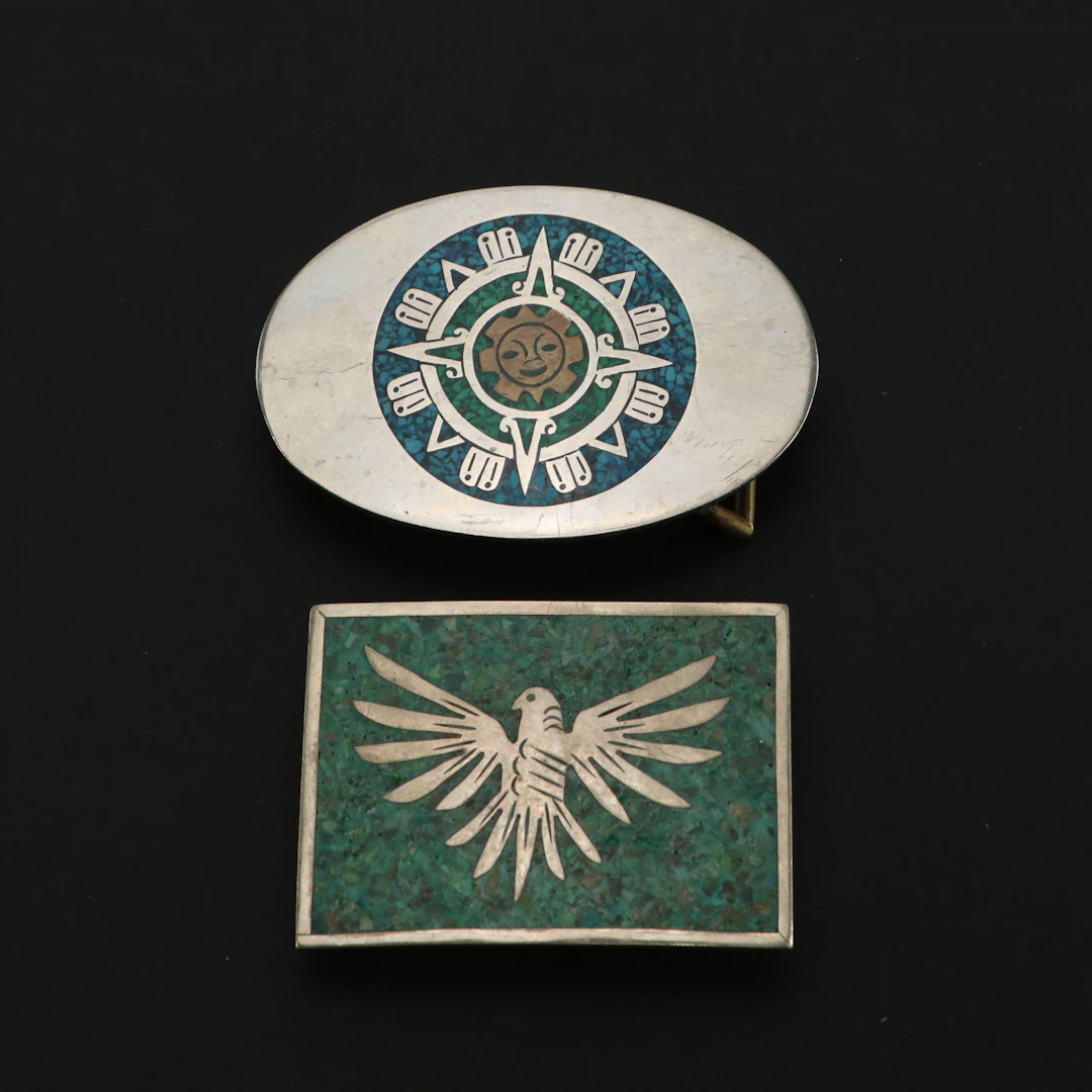 Mexican Composite Stone Inlay Metal Belt Buckles
