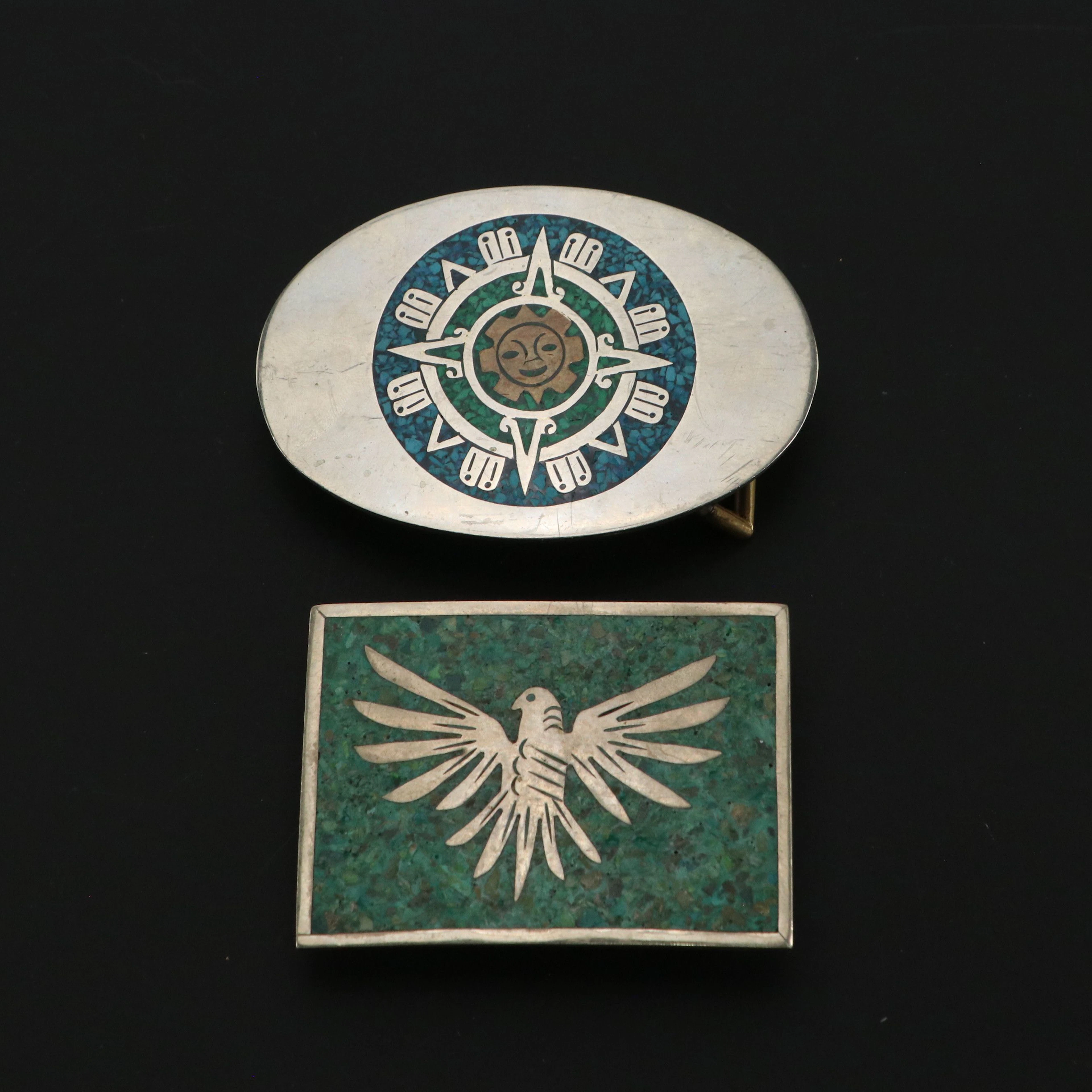 Mexican Composite Stone Inlay Metal Belt Buckles