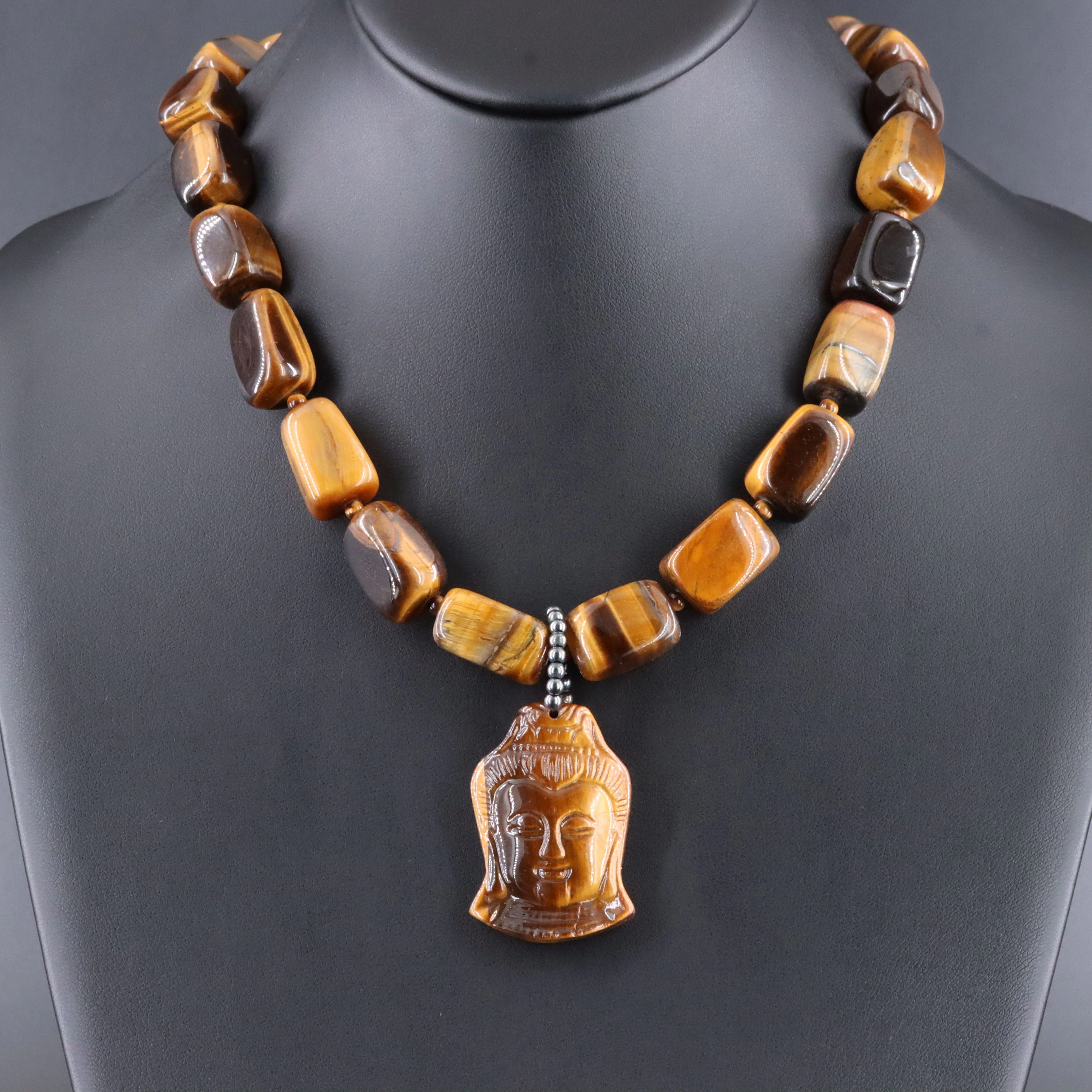 Tiger's Eye Buddha Necklace with Sterling Clasp