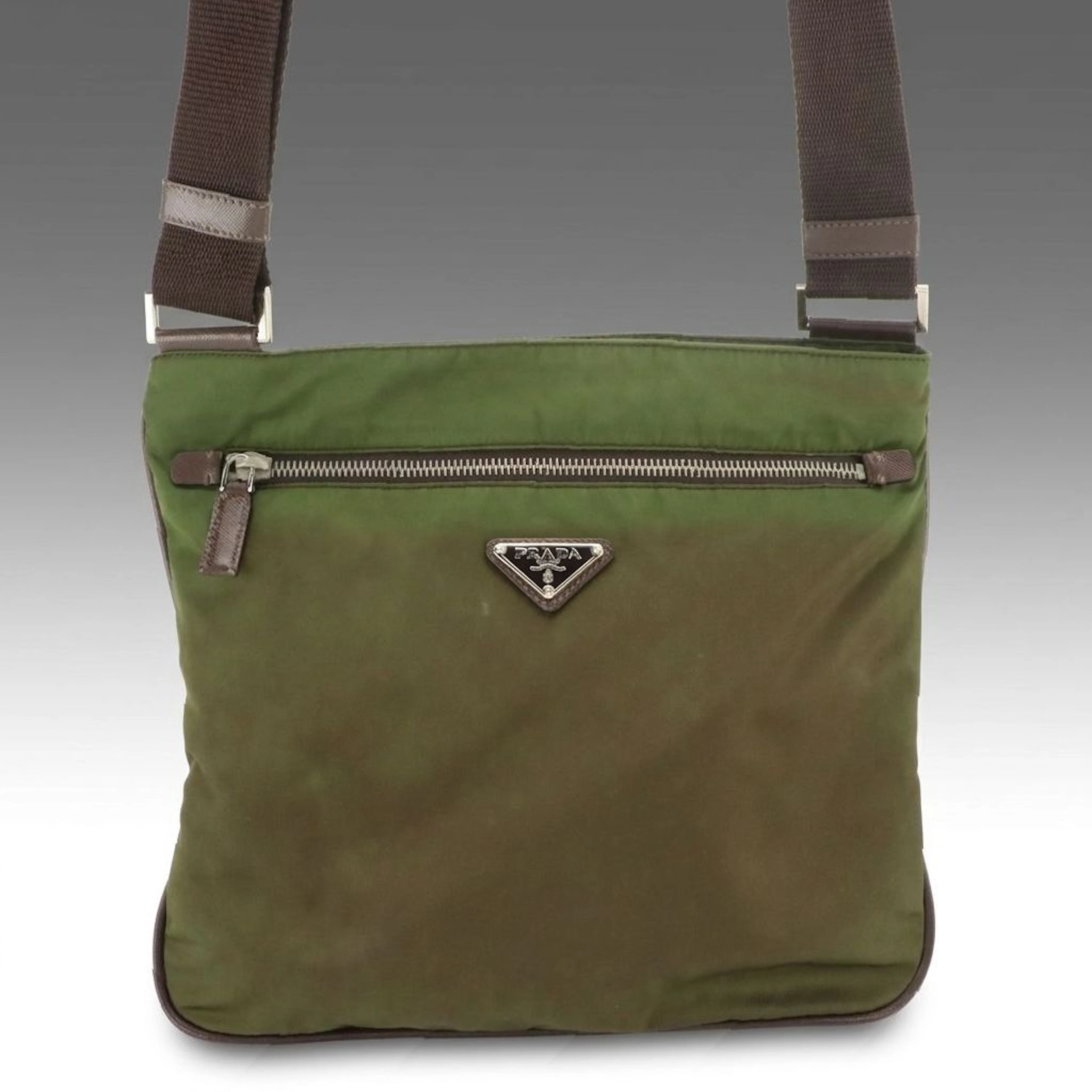 Prada Front Pocket Messenger Bag in Green Tessuto Nylon and Leather